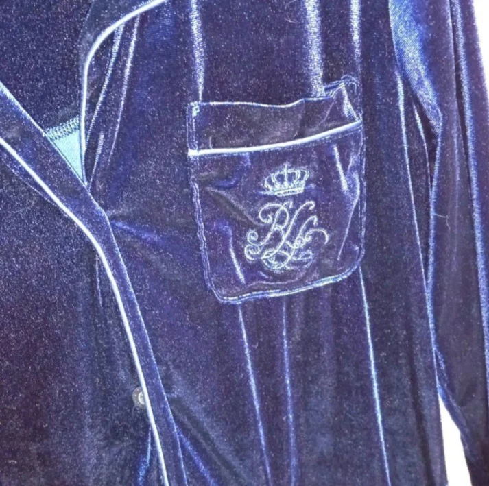 70s Royal Blue Velvet Polyester Elastane Button Up Top By Lauren Ralph Lauren - Image 3