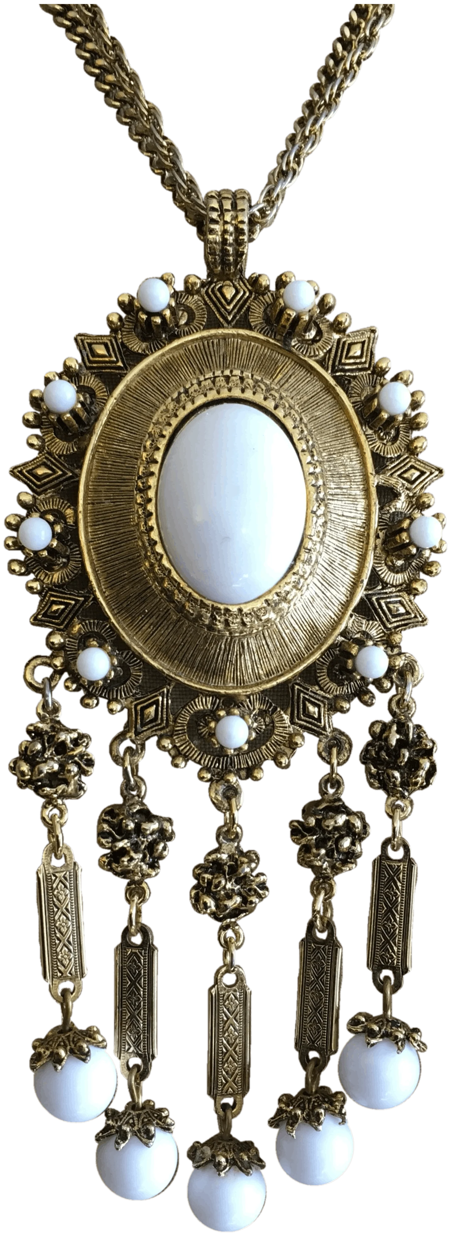 70's Gold Dangle and Fringe Medallion Necklace with White Beading