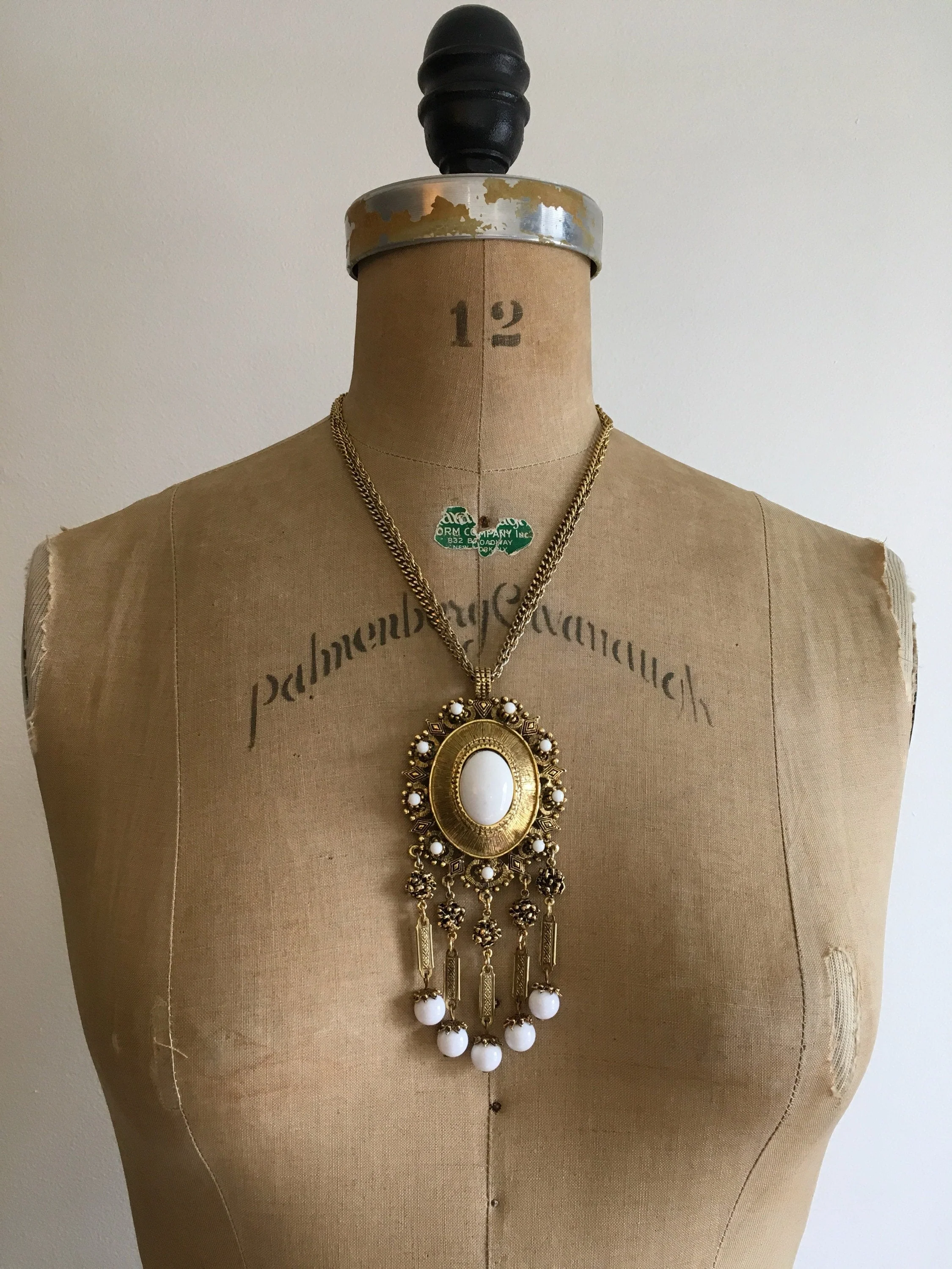 70's Gold Dangle and Fringe Medallion Necklace with White Beading - Image 2
