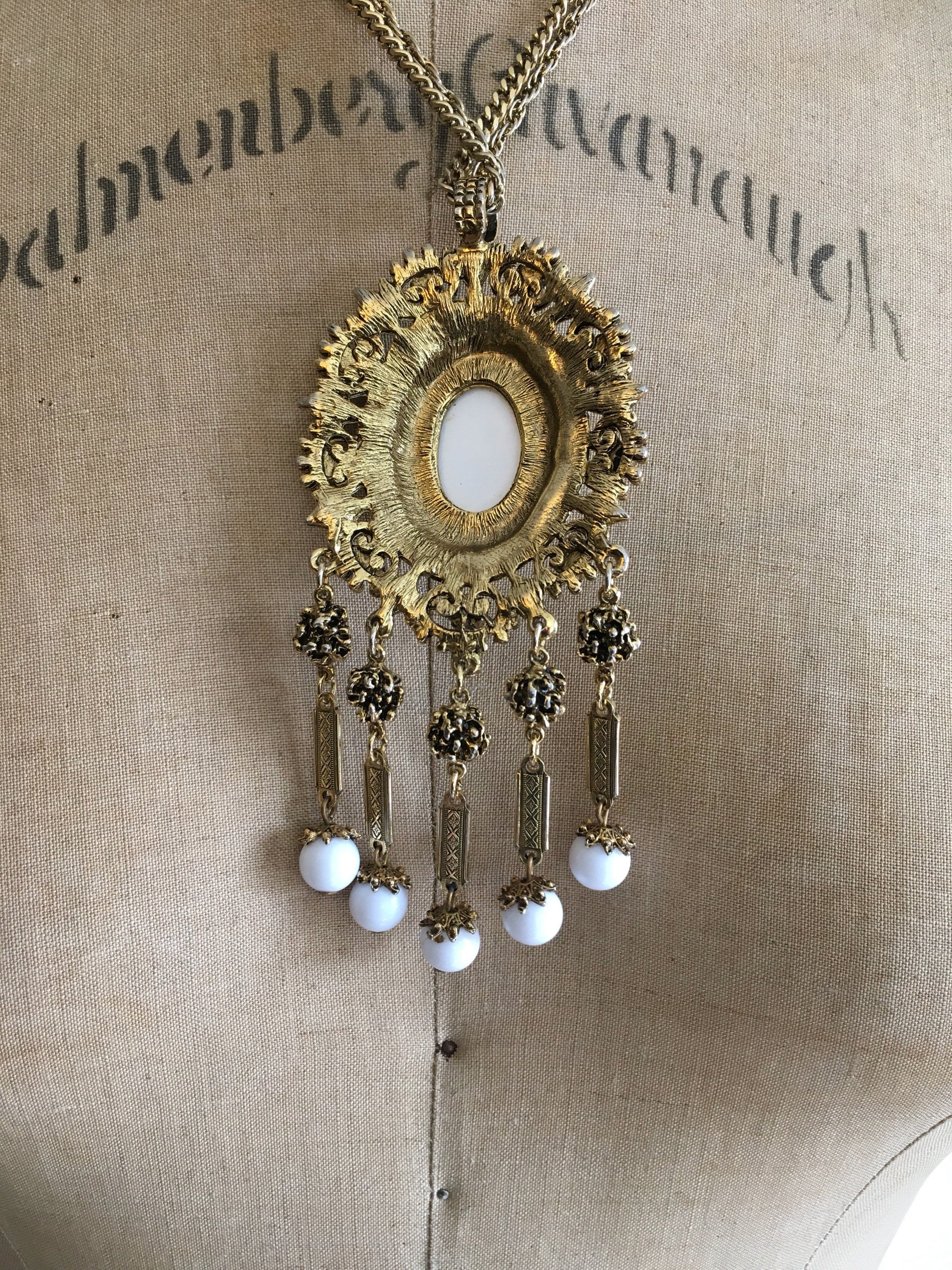 70's Gold Dangle and Fringe Medallion Necklace with White Beading - Image 4