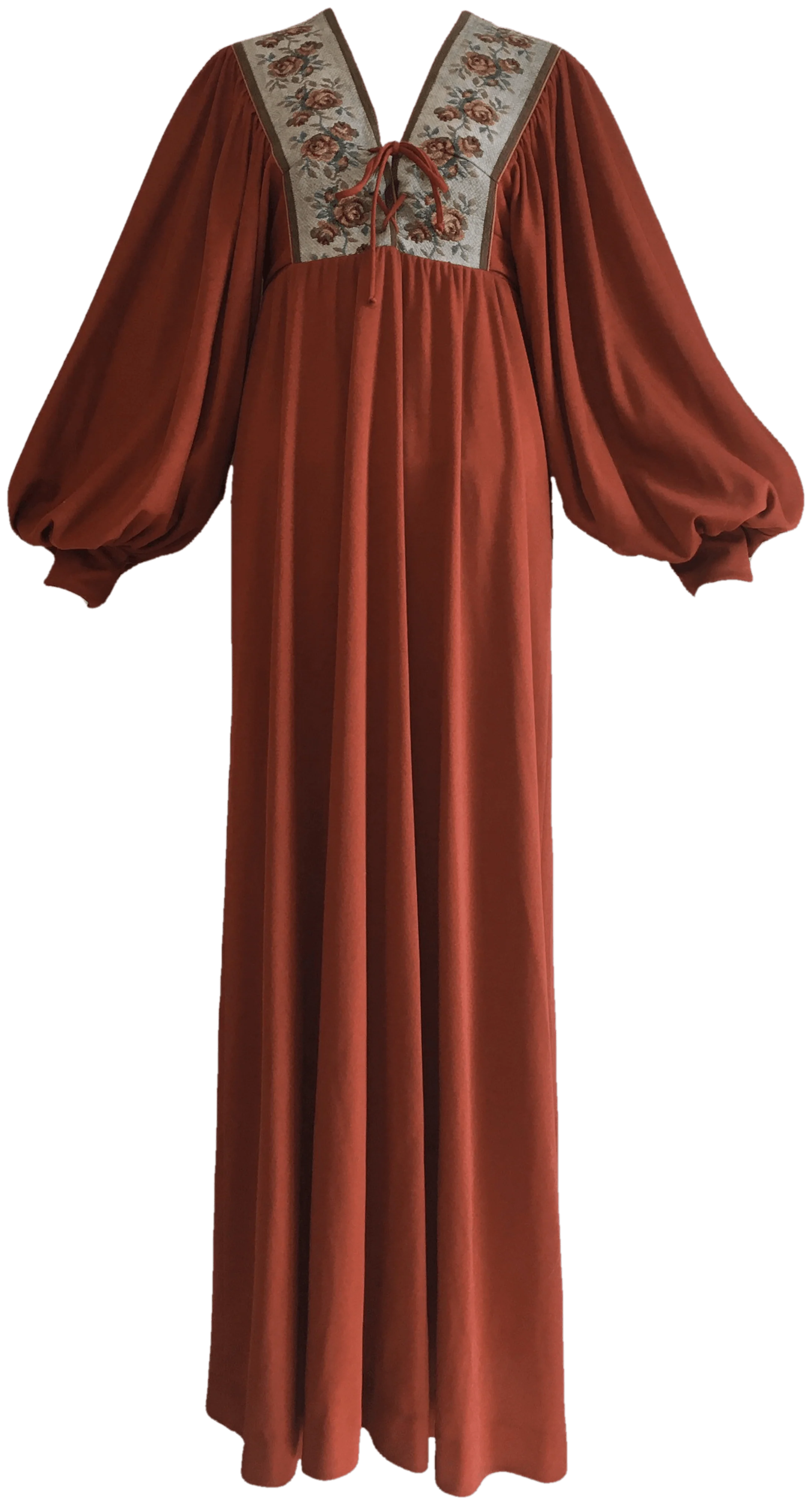 70's Rust Empire Waist Maxi Dress with Floral Neckline by Vicky Vaughn