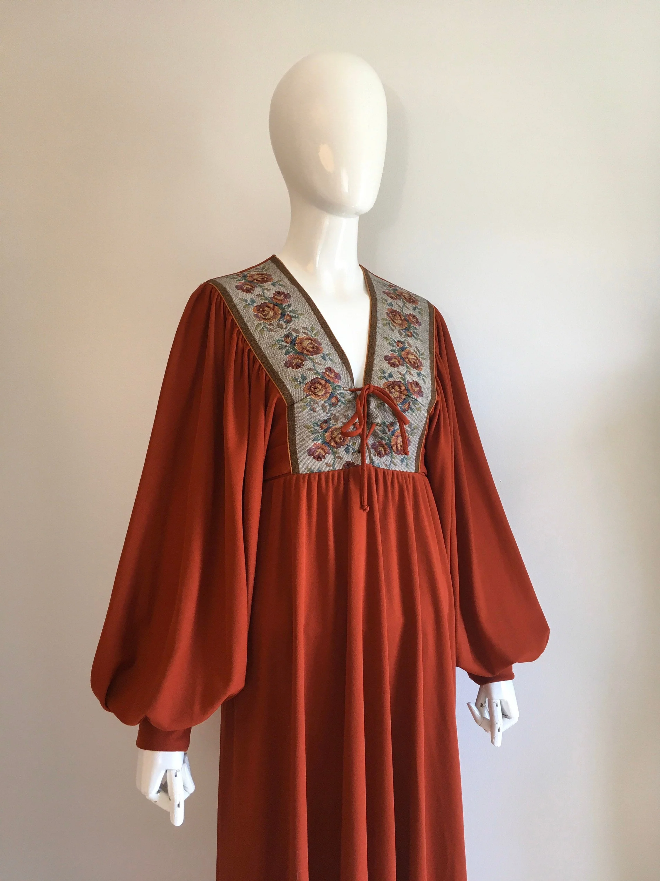 70's Rust Empire Waist Maxi Dress with Floral Neckline by Vicky Vaughn - Image 4