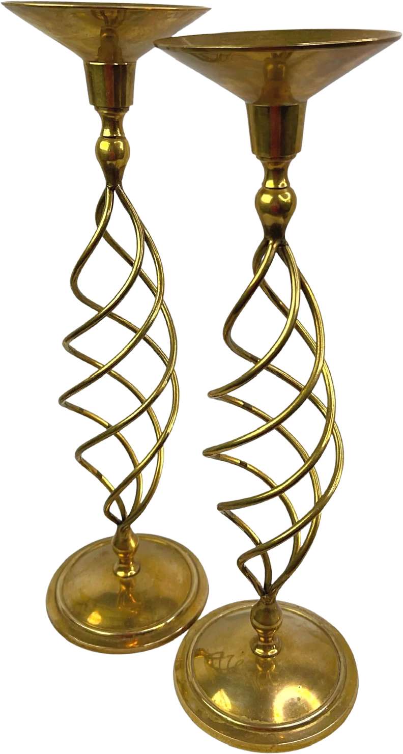 70s Set Of 2 Brass Spiral Candlesticks