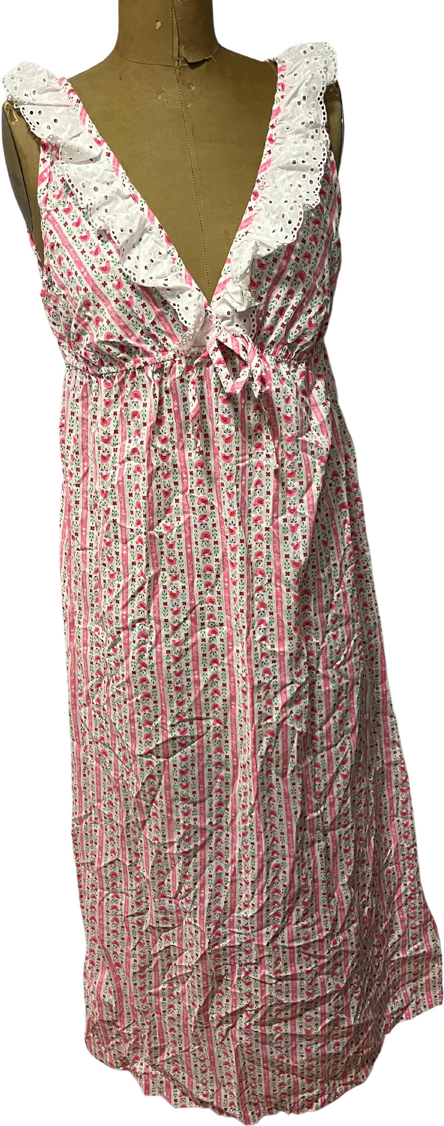70s Sexy Pink Iconic Nightgown With Cotton Eyelet Trim By Lanz of Salzburg