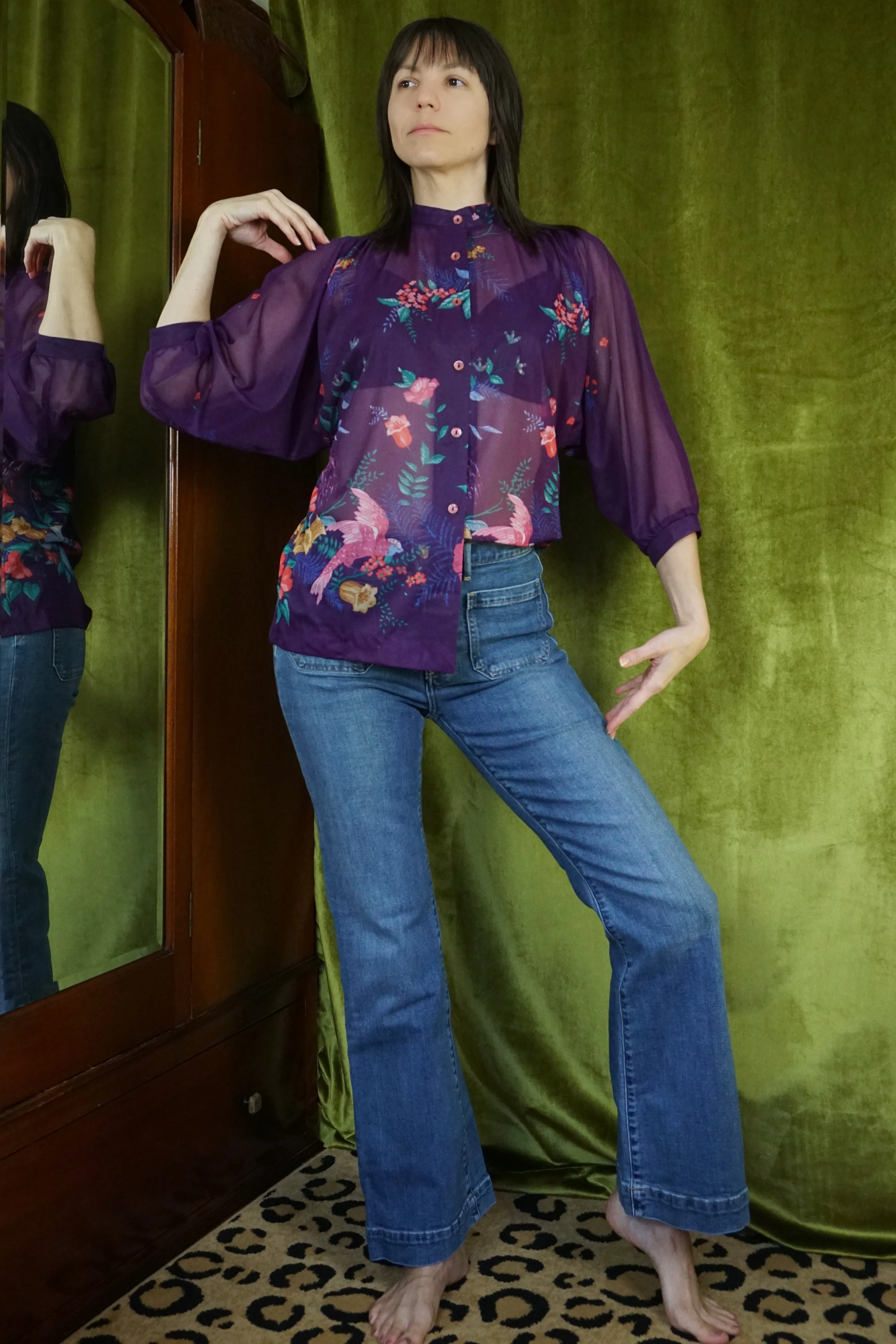 70s Sheer Birds And Flowers Dolman Sleeve Blouse By Teddi of California - Image 3
