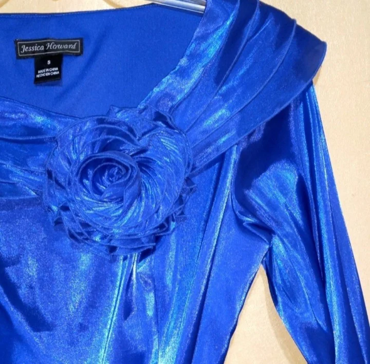 70s Shimmering Royal Blue Top With Flower Accent By Jessica Howard - Image 3