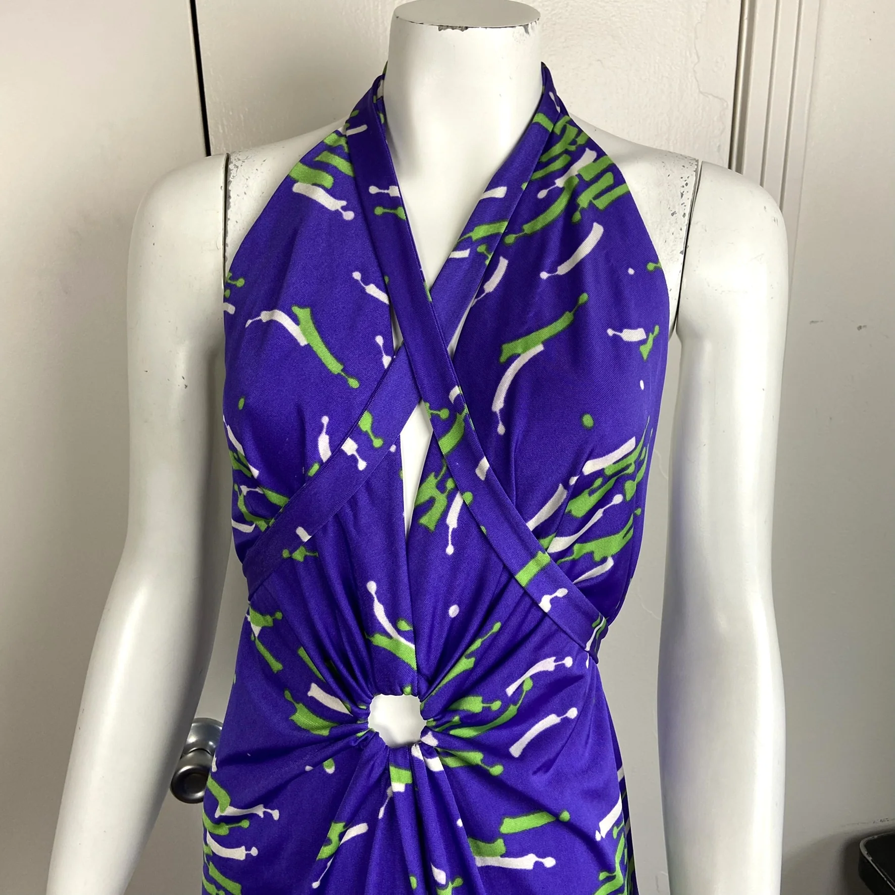 70s Shiny Abstract Halter Backless Deep V Maxi Dress By Rhone-Poulenc - Image 7