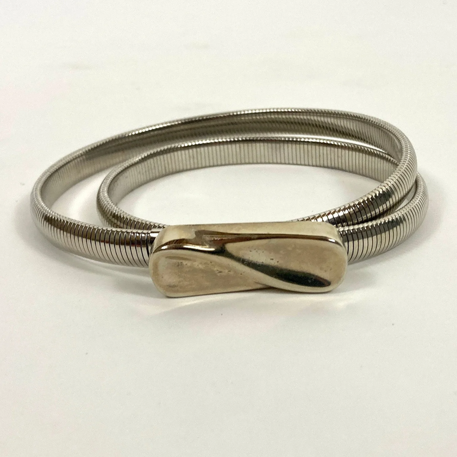 70s Silver Metal Stretch Belt Stretchy Buckle Shiny Metallic Serpentine Skinny Retro Slim Cinch Disco Serpent Coil Vintage Dress Belt - Image 2