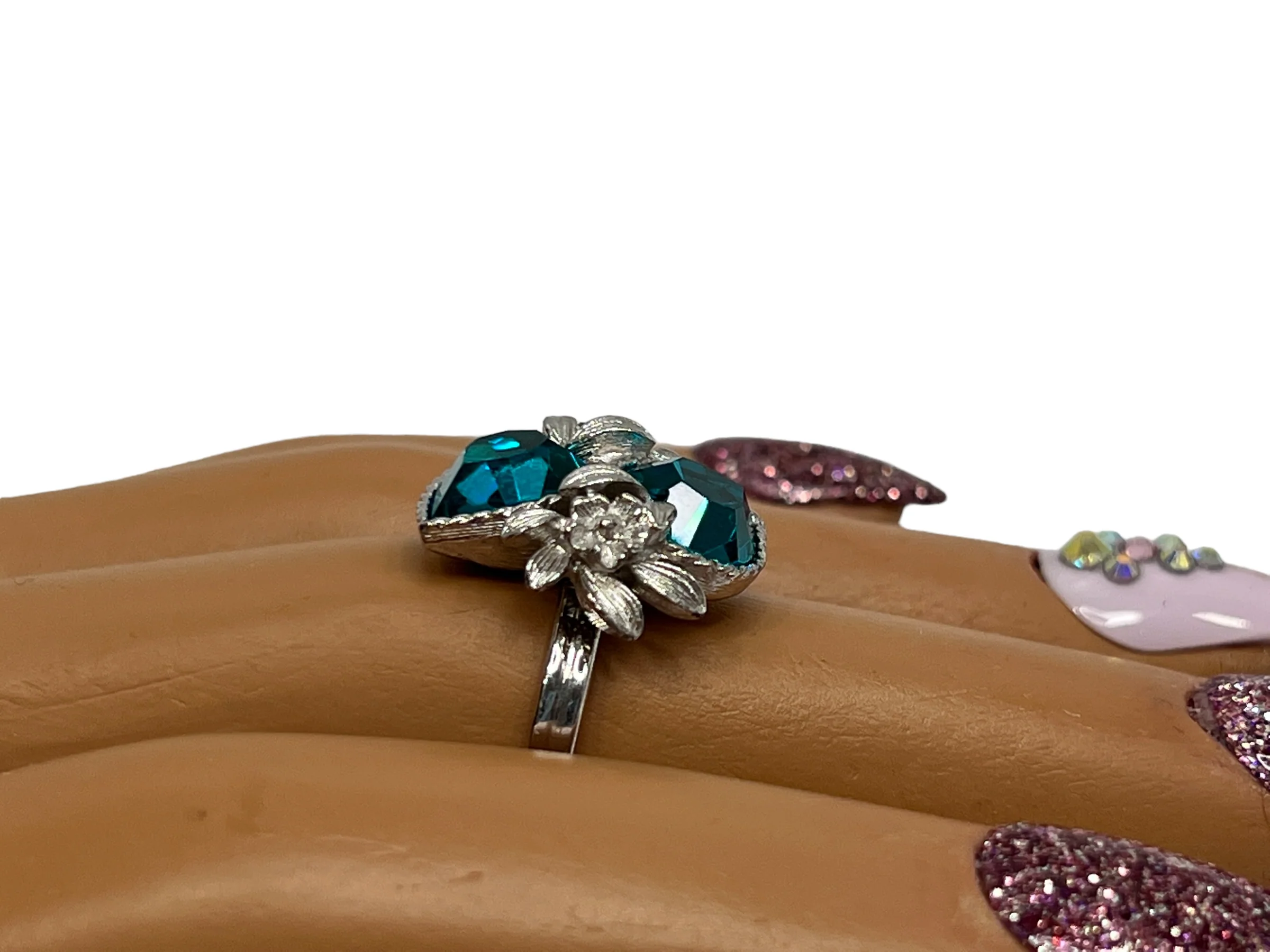 70s Silver Tone Ring 2 Ocean Blue Gems Floral Accents By Sarah Coventry - Image 6