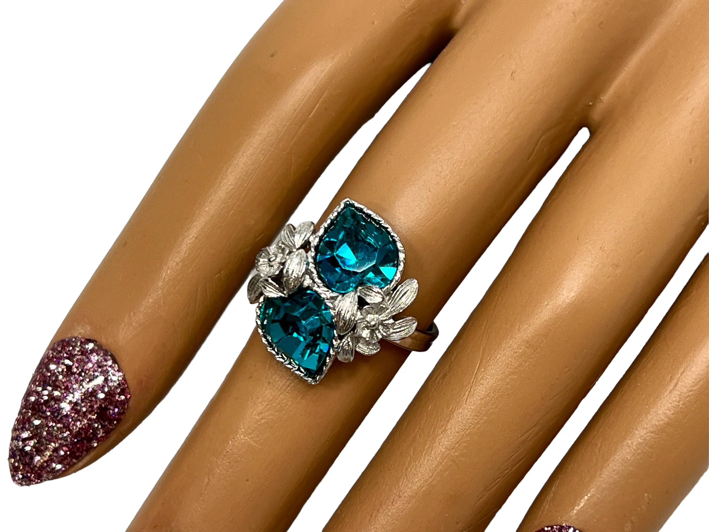 70s Silver Tone Ring 2 Ocean Blue Gems Floral Accents By Sarah Coventry - Image 7