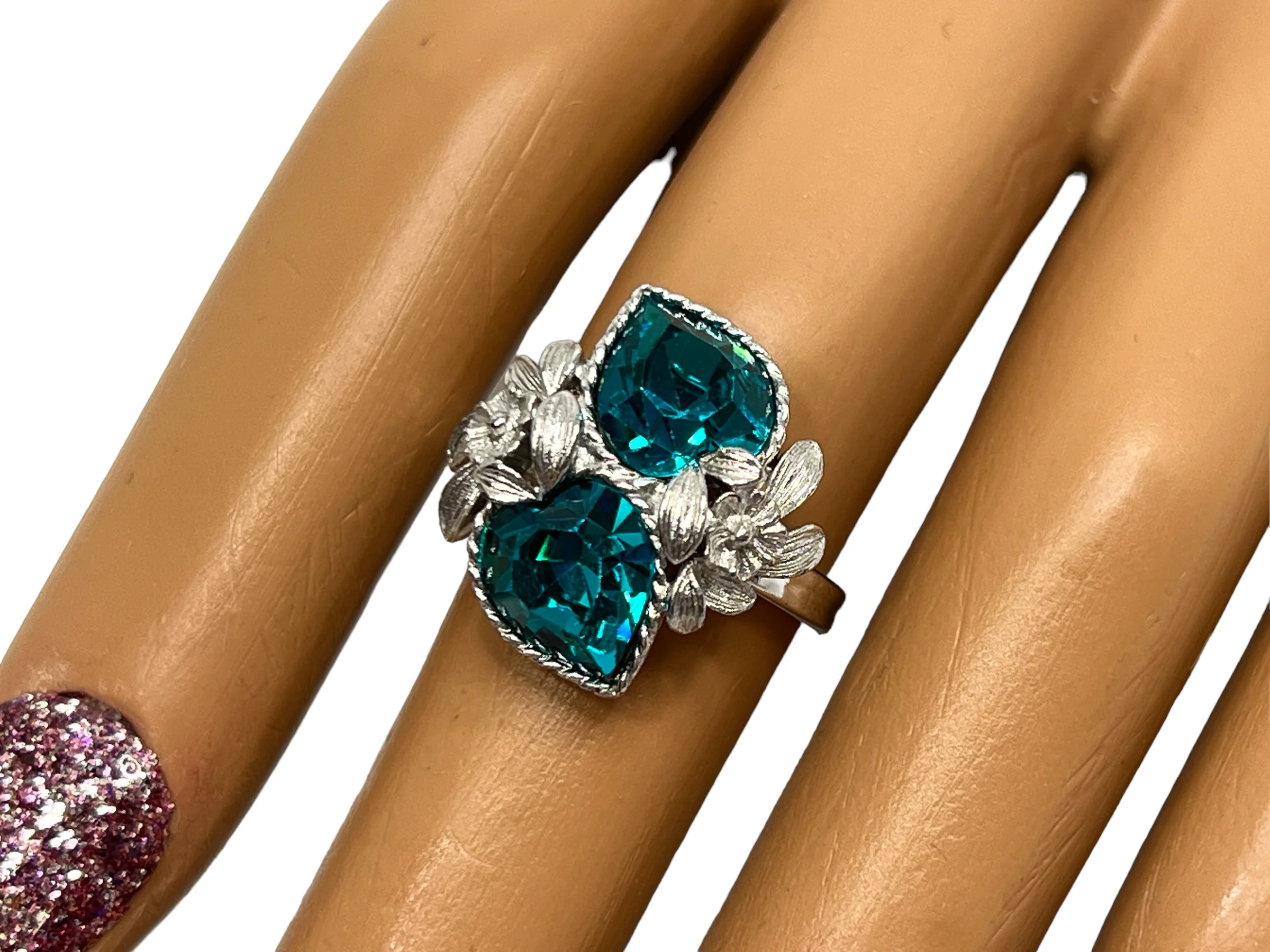 70s Silver Tone Ring 2 Ocean Blue Gems Floral Accents By Sarah Coventry - Image 8