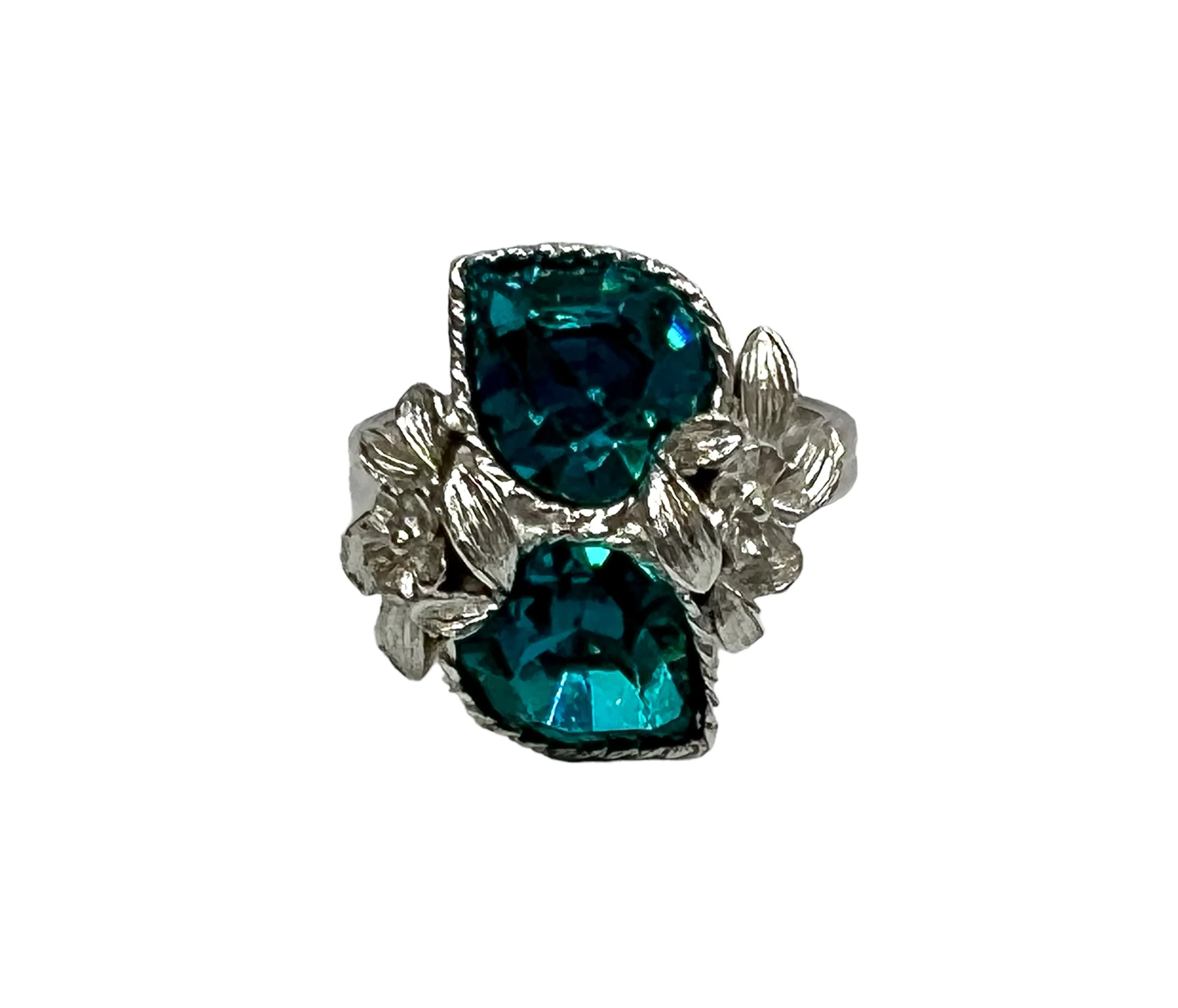 70s Silver Tone Ring 2 Ocean Blue Gems Floral Accents By Sarah Coventry - Image 9