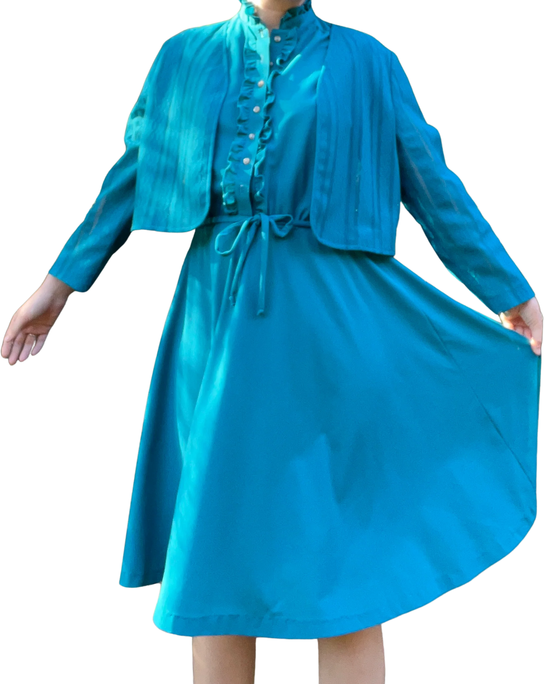 70s Simple Teal Day Dress With Matching Shrug - Image 2