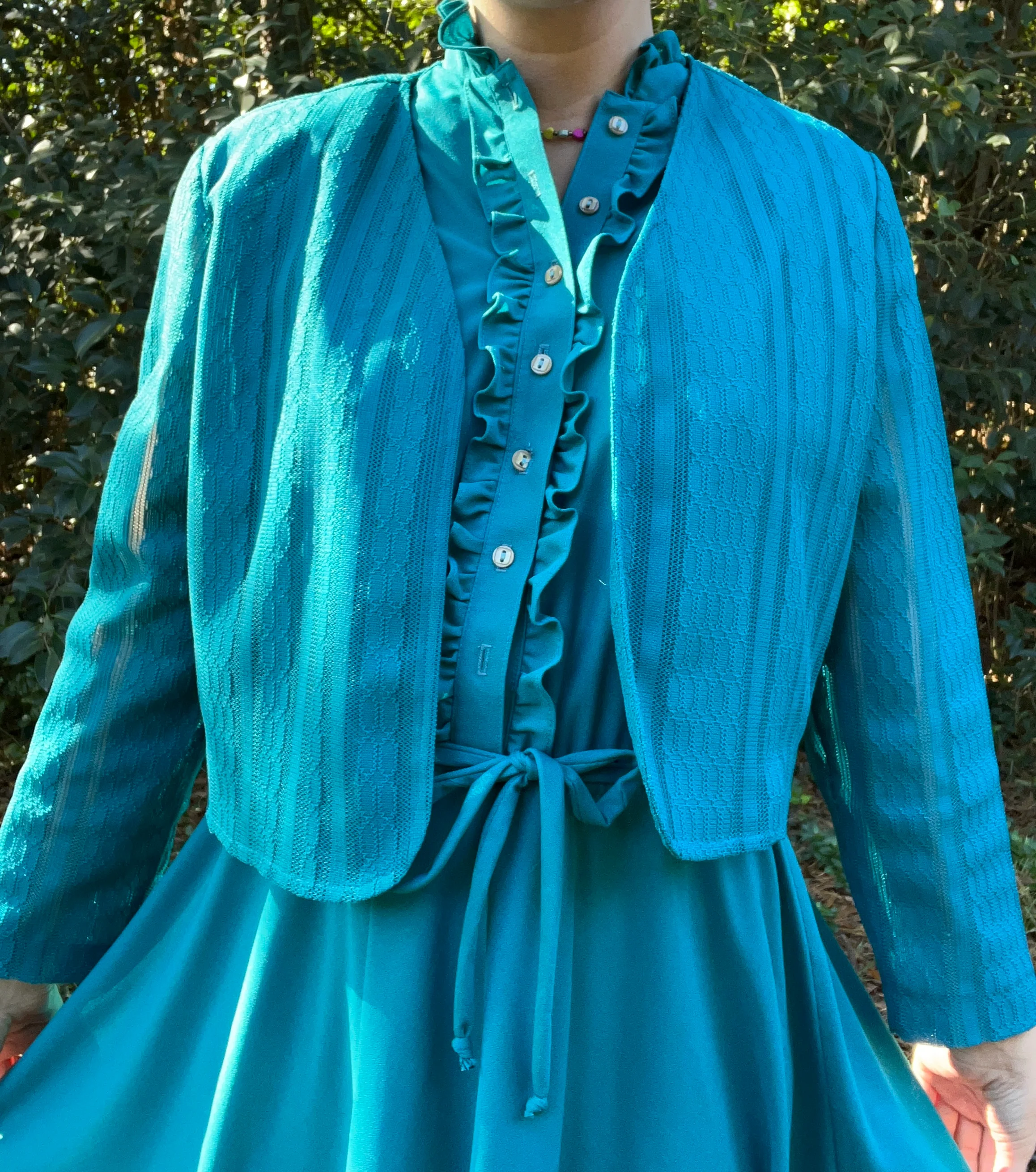 70s Simple Teal Day Dress With Matching Shrug - Image 3
