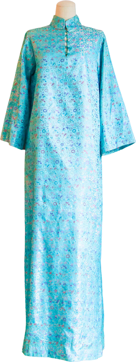 70s Sky Blue Floral Embroidered Maxi Dress By Jo Fox Boston