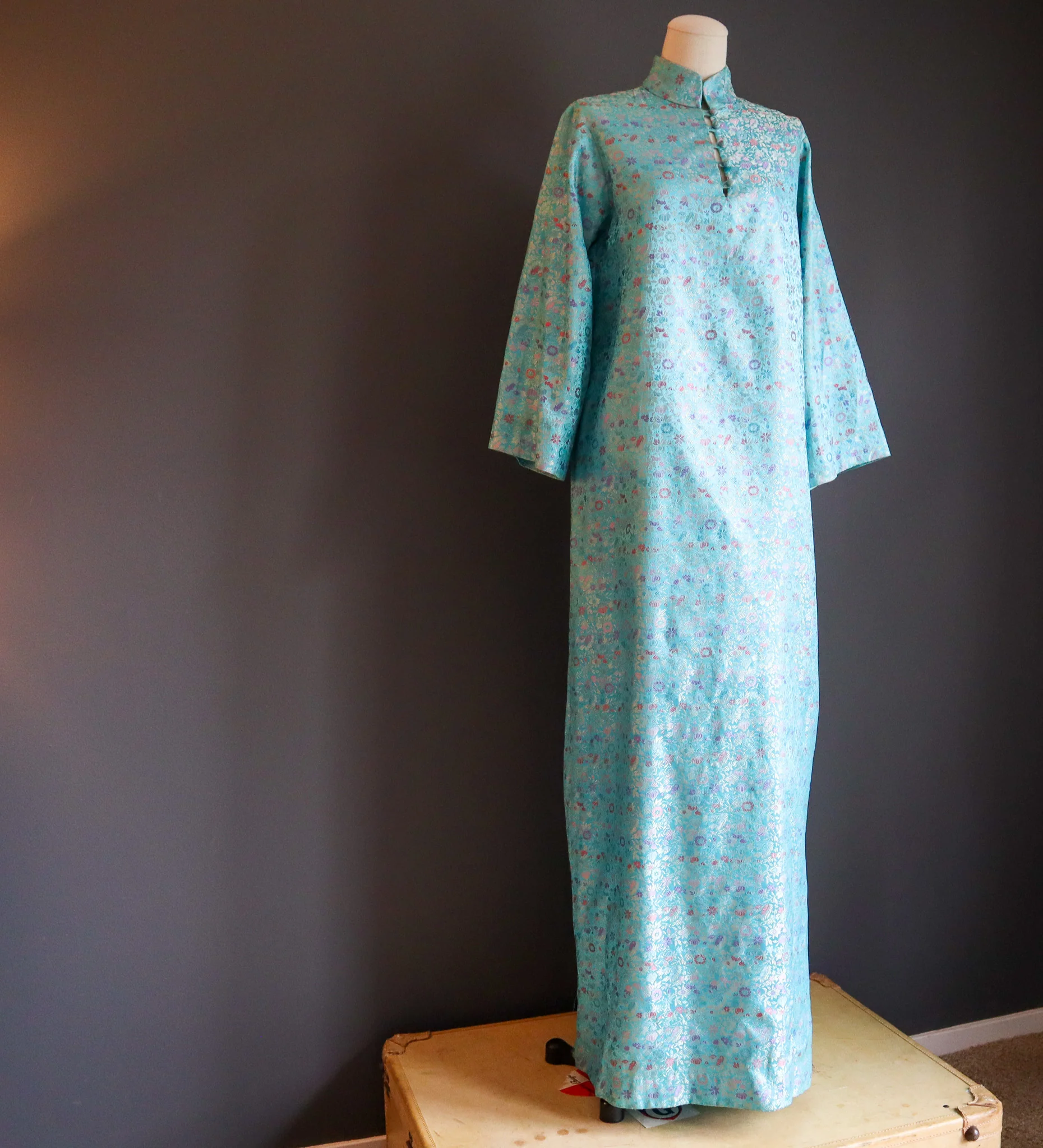 70s Sky Blue Floral Embroidered Maxi Dress By Jo Fox Boston - Image 6