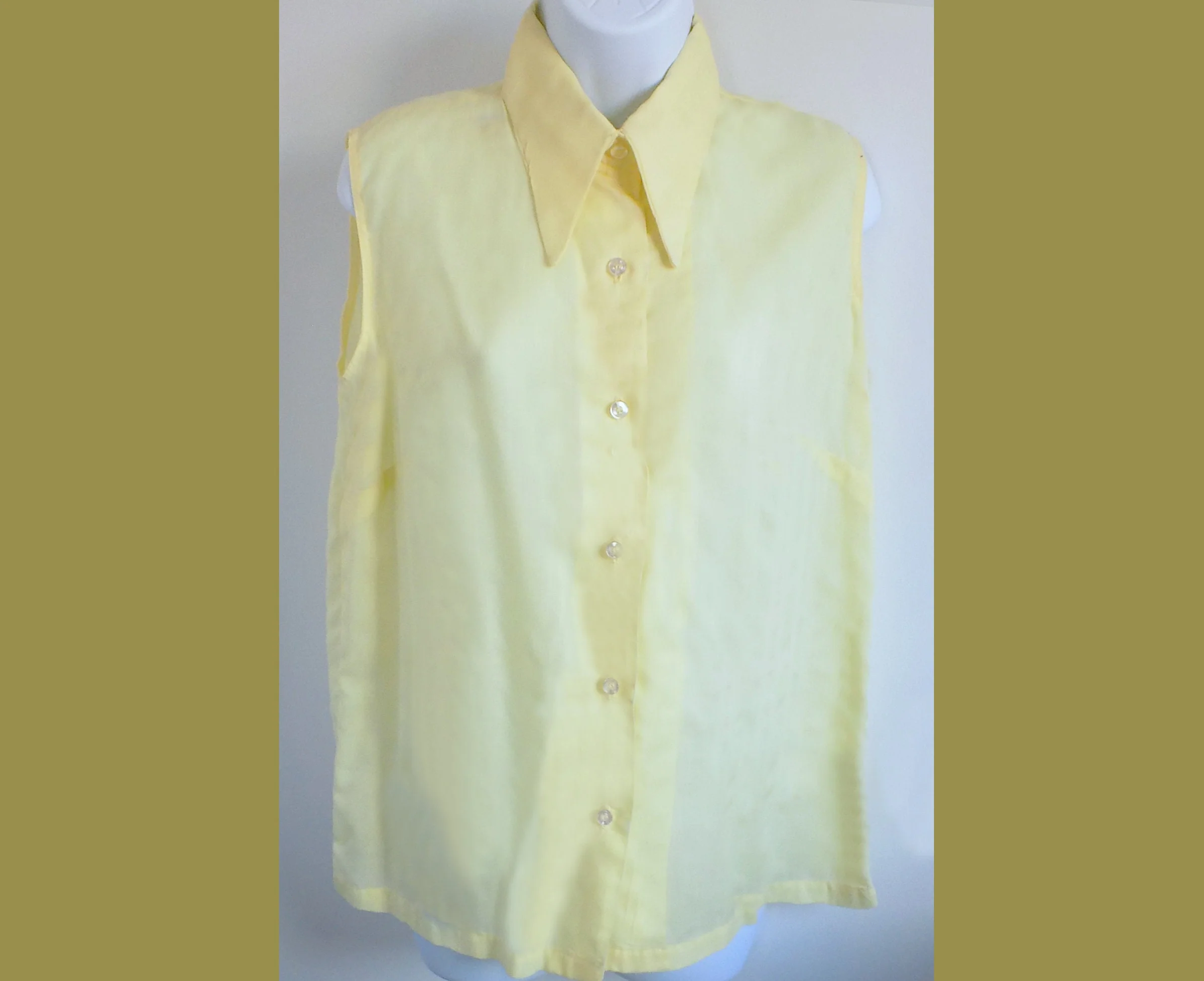 70s Sleeveless Yellow Ship N Shore Blouse Top Shirt Large Stripes Button Front Wide Collar Mod by Ship N Shore - Image 2