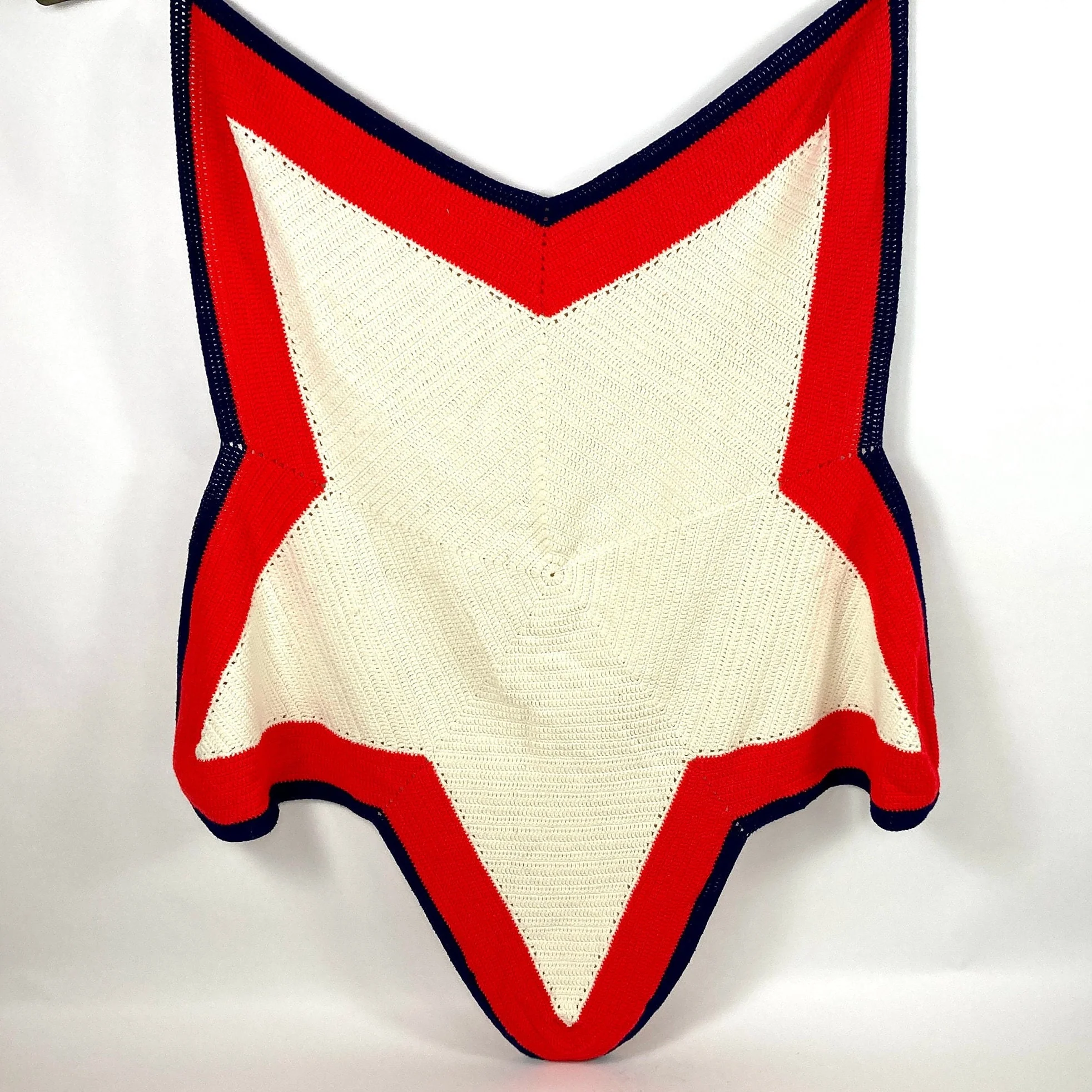 70s Star Blanket Americana Crochet Afghan Red White Blue Vintage Throw Vintage Wall Art Striped Hand Knit Vintage Shawl Sweater Jacket - Image 4