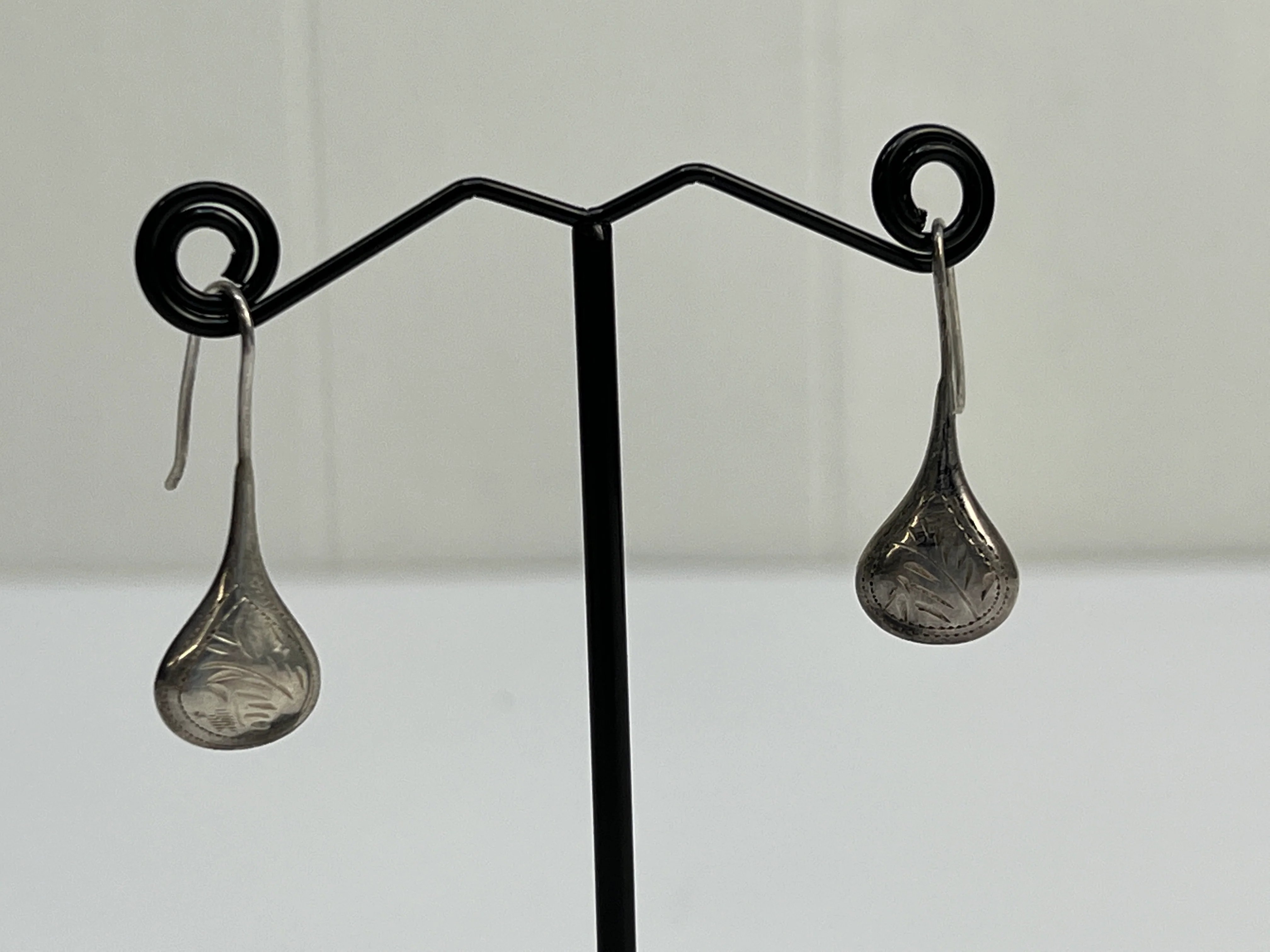 70s Sterling Silver Earrings Drop Dangle Etched Design - Image 7