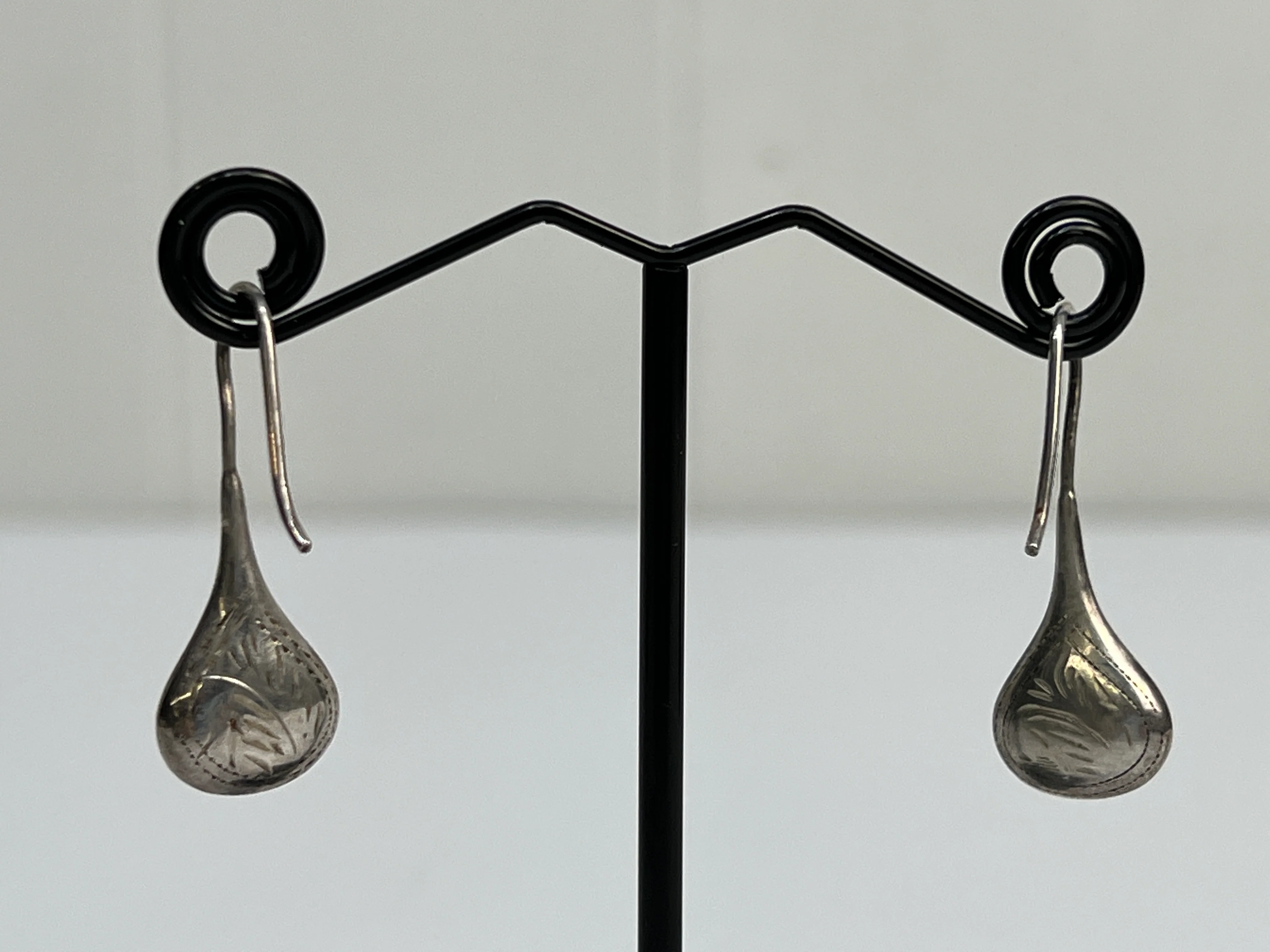 70s Sterling Silver Earrings Drop Dangle Etched Design - Image 8