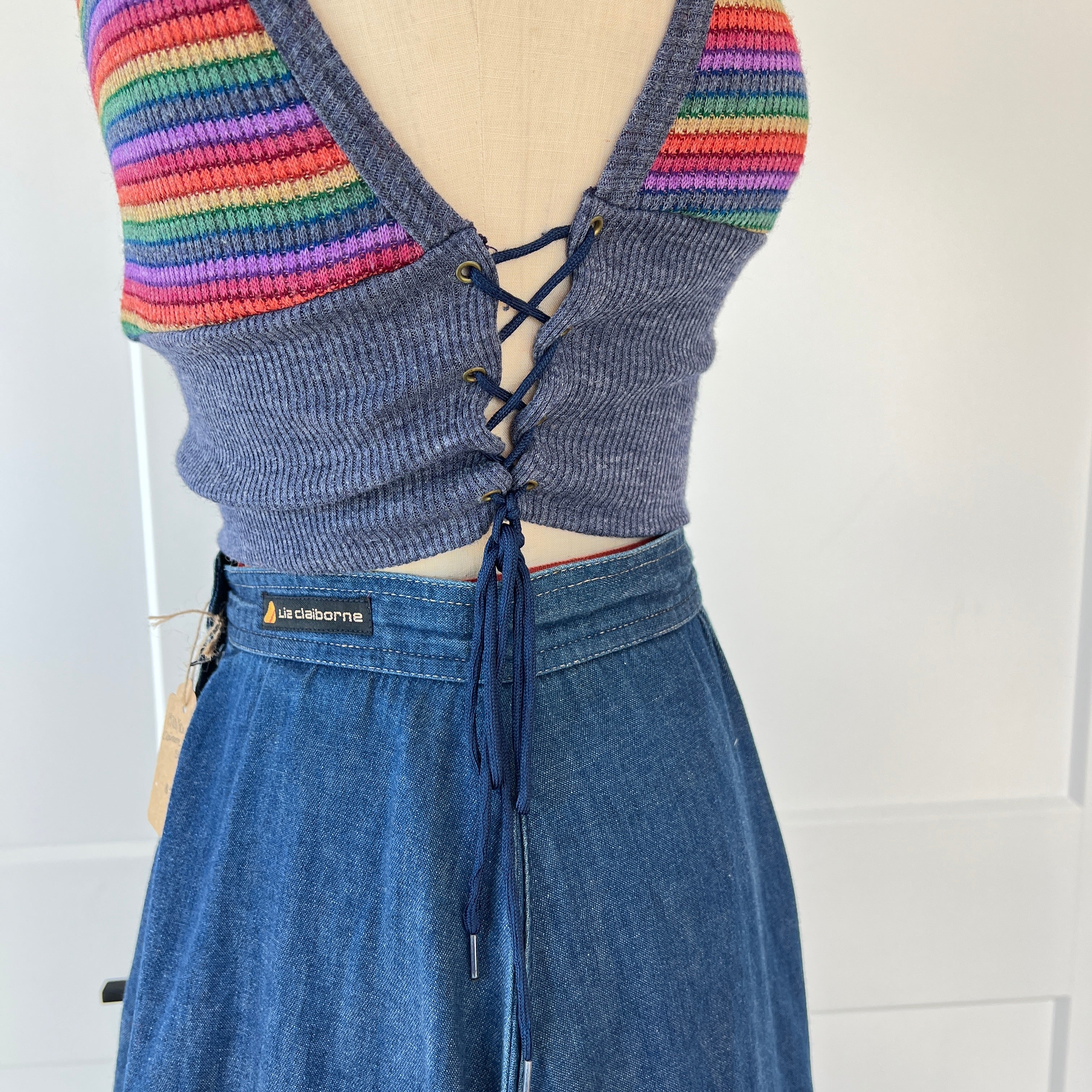70s Striped Knit Lace Up Crop Top - Image 3