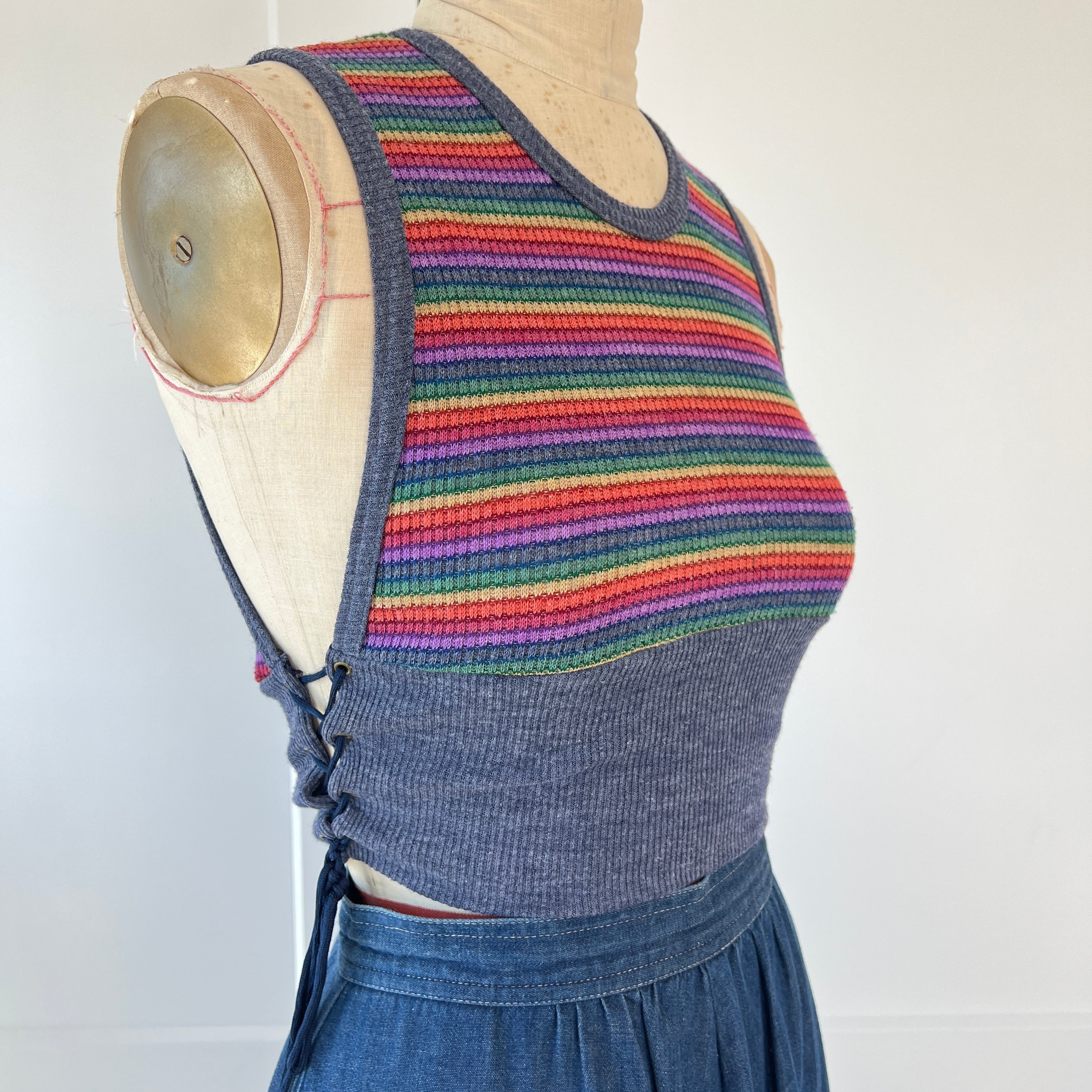 70s Striped Knit Lace Up Crop Top - Image 4