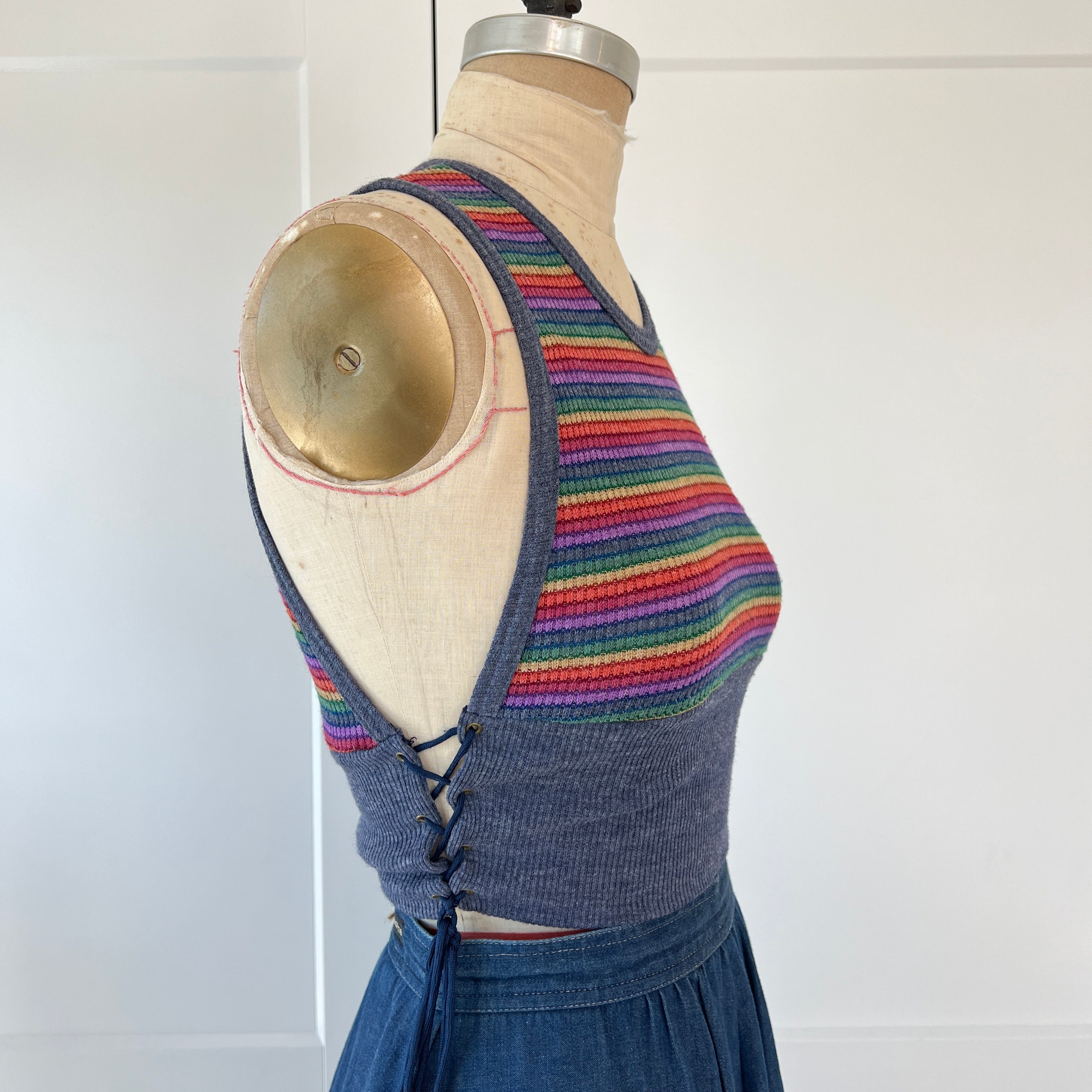 70s Striped Knit Lace Up Crop Top - Image 7