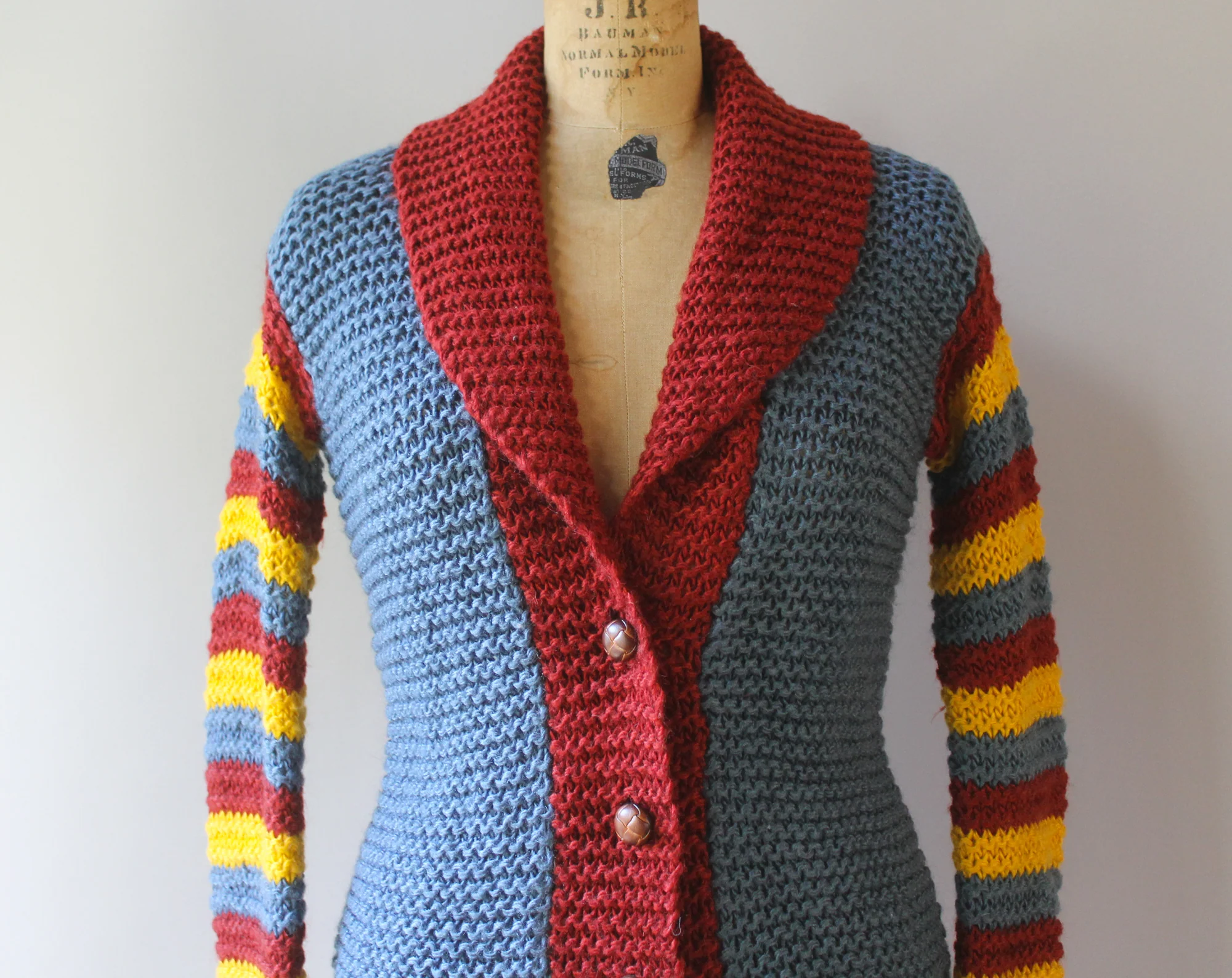 70s Striped Shawl Collar Chunky Knit Cardigan - Image 3