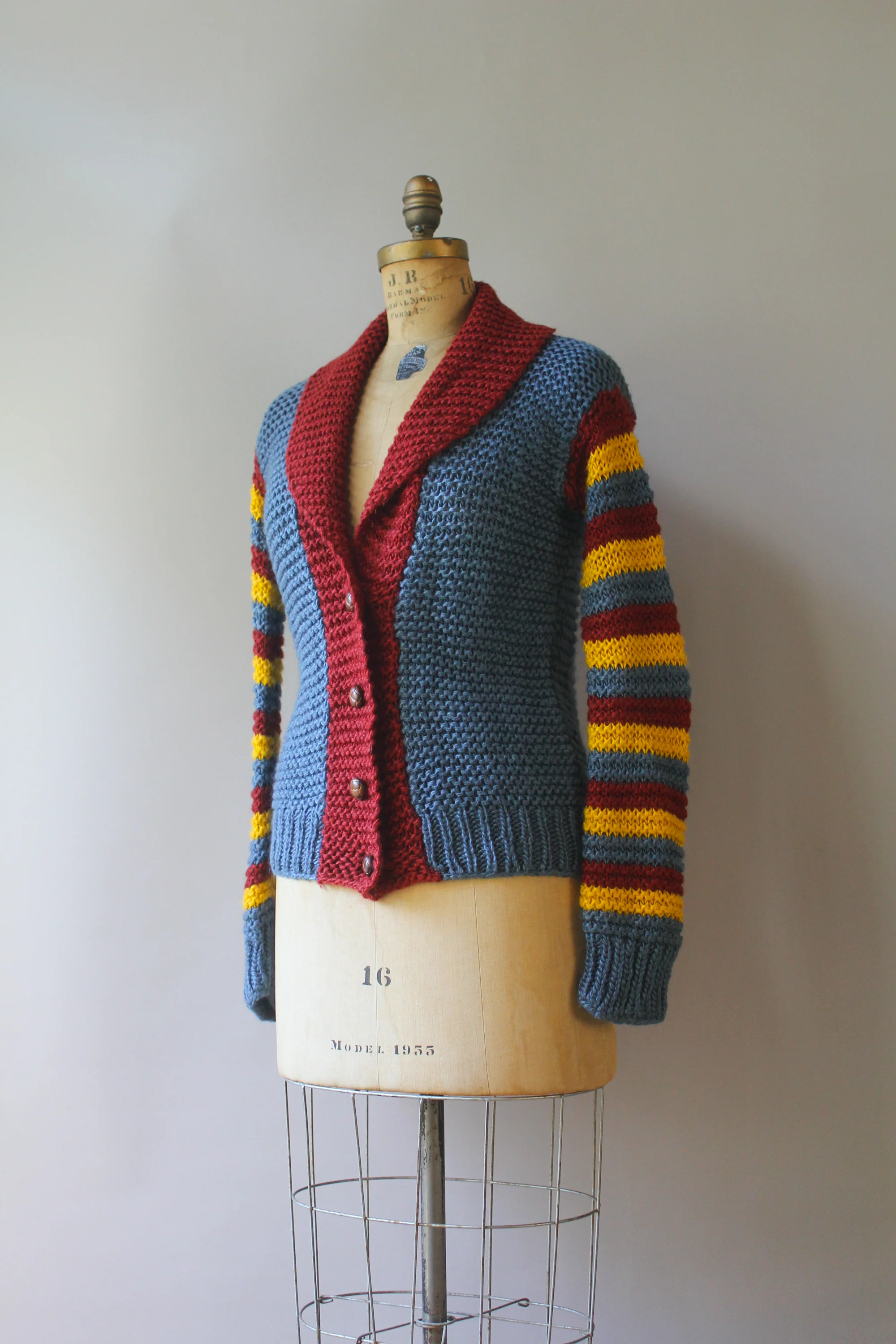 70s Striped Shawl Collar Chunky Knit Cardigan - Image 4