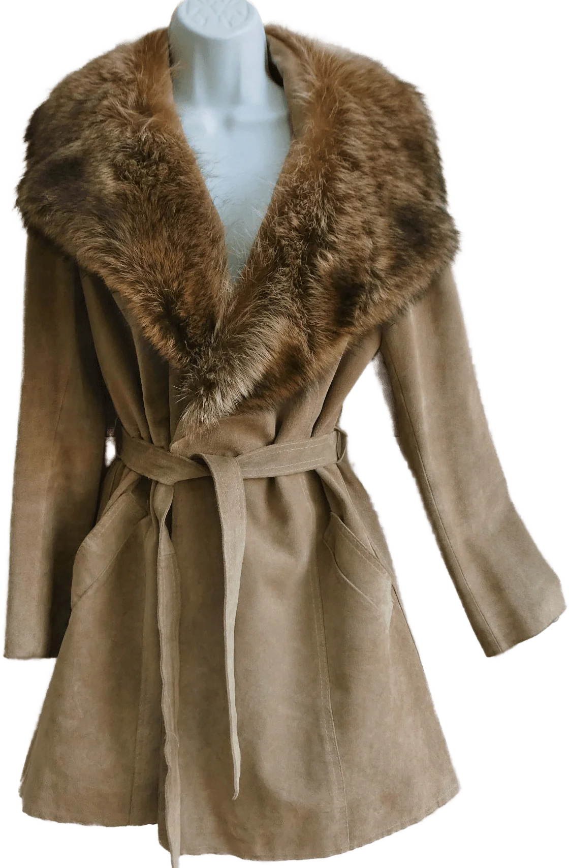 70s Suede Leather Coat Wide Fur Collar Quilted Lining By Rock Star