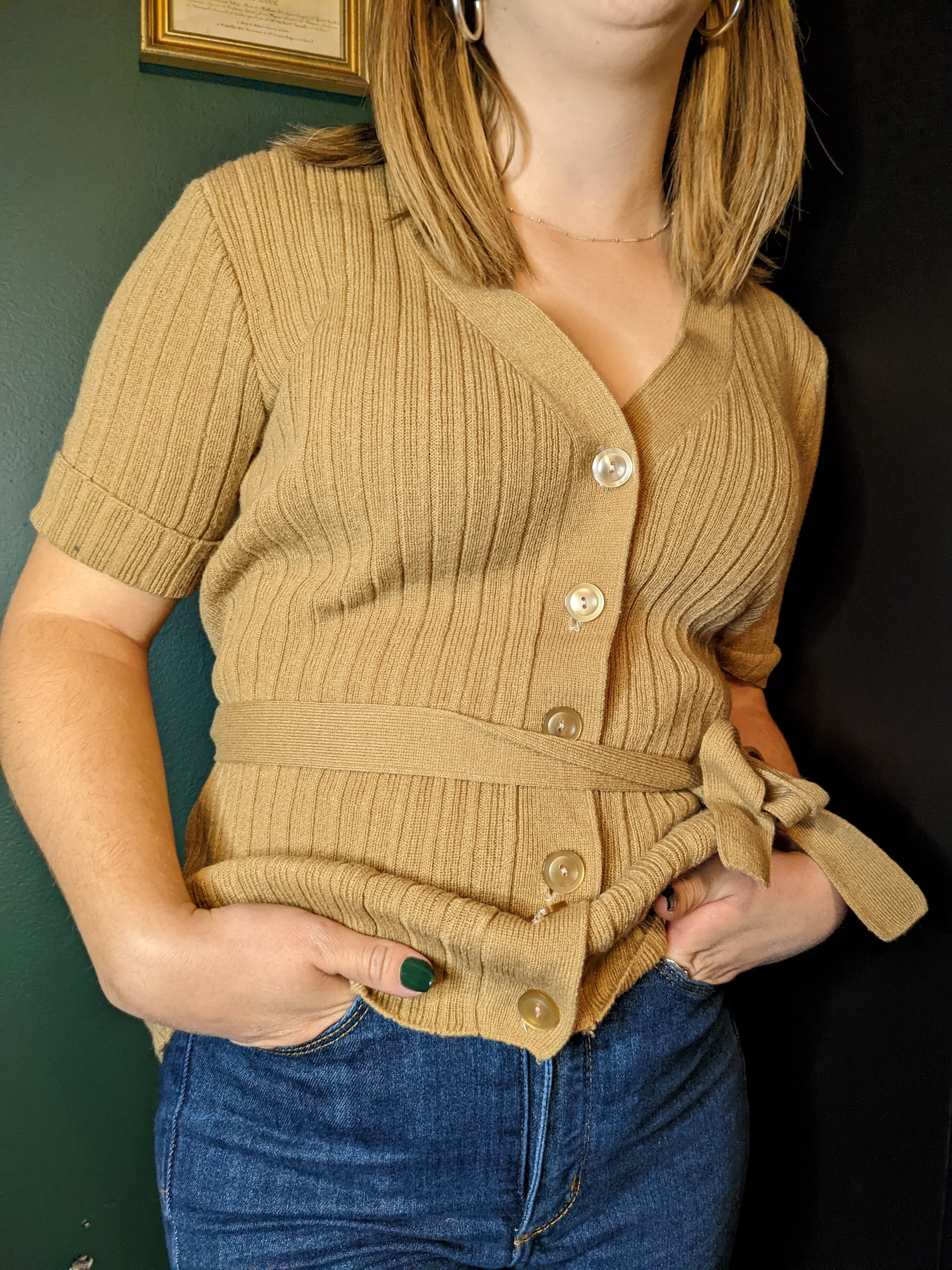 70s Tan Button Up Short Sleeve Sweater - Image 4