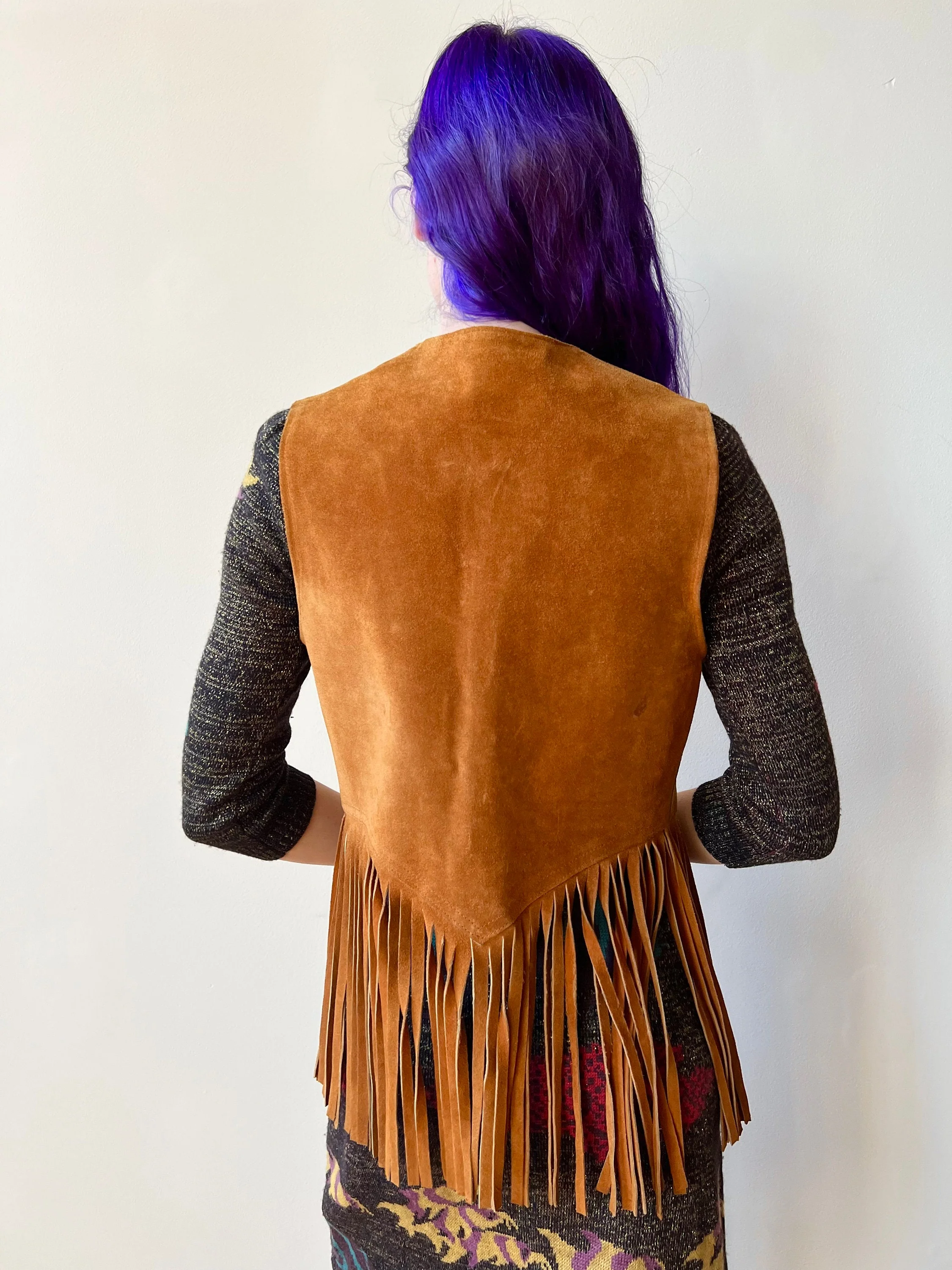 70s Tan Suede Fringe English Grommet Vest - Image 5