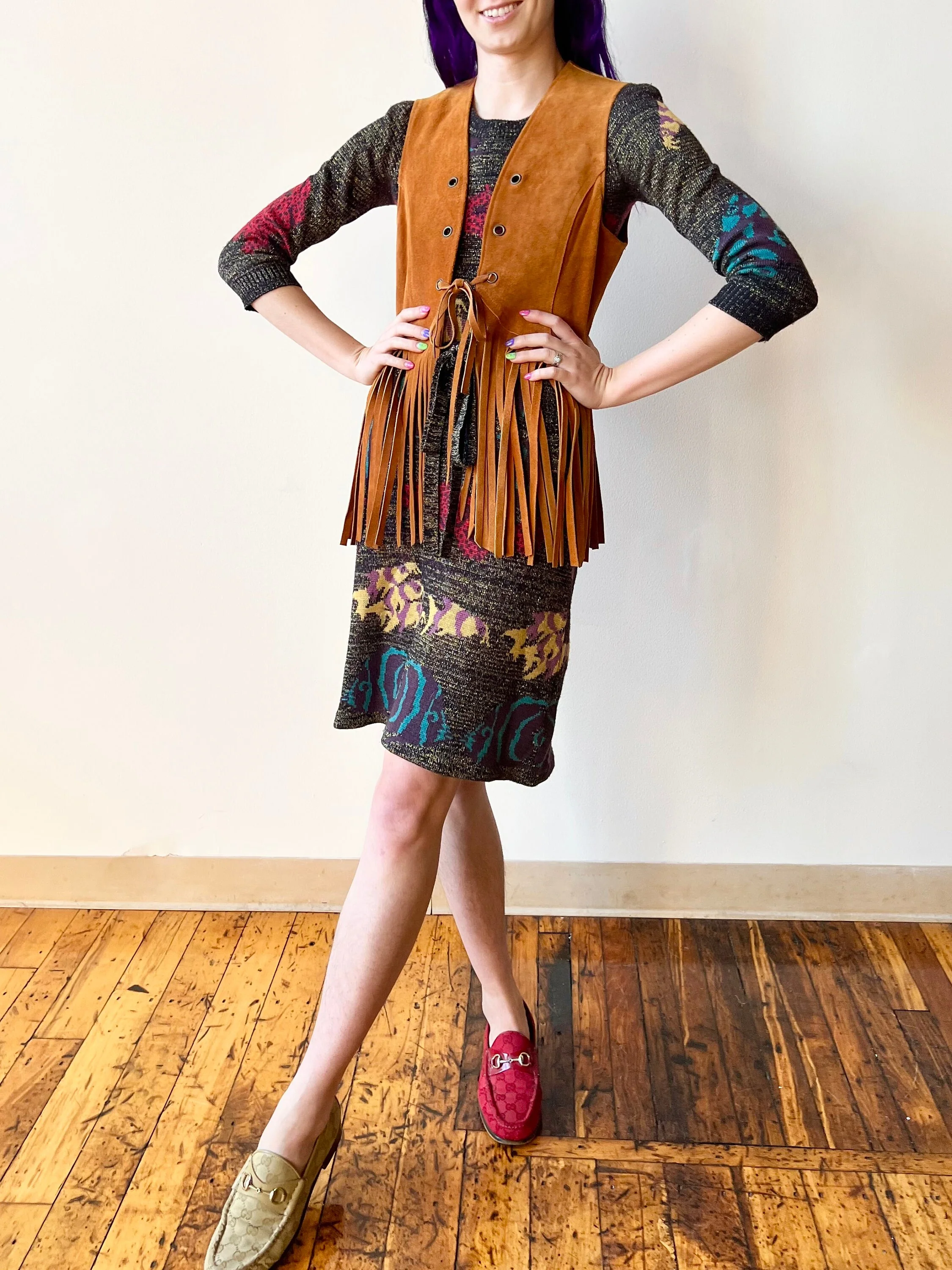 70s Tan Suede Fringe English Grommet Vest - Image 8