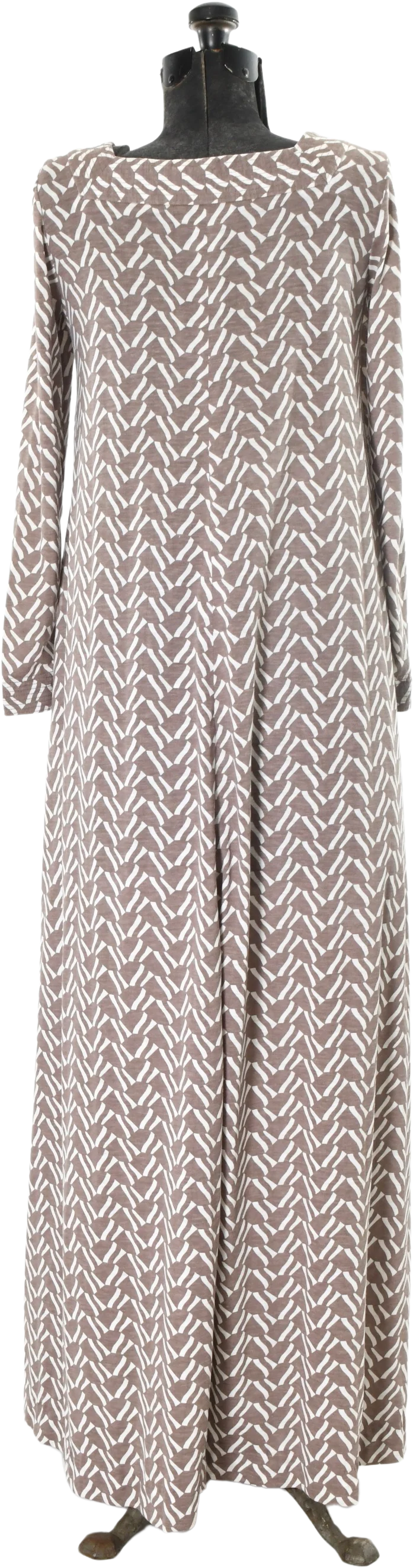 70s Taupe And White Abstract Pattern Maxi Tent Dress By Matti of Lynne Lord & Taylor