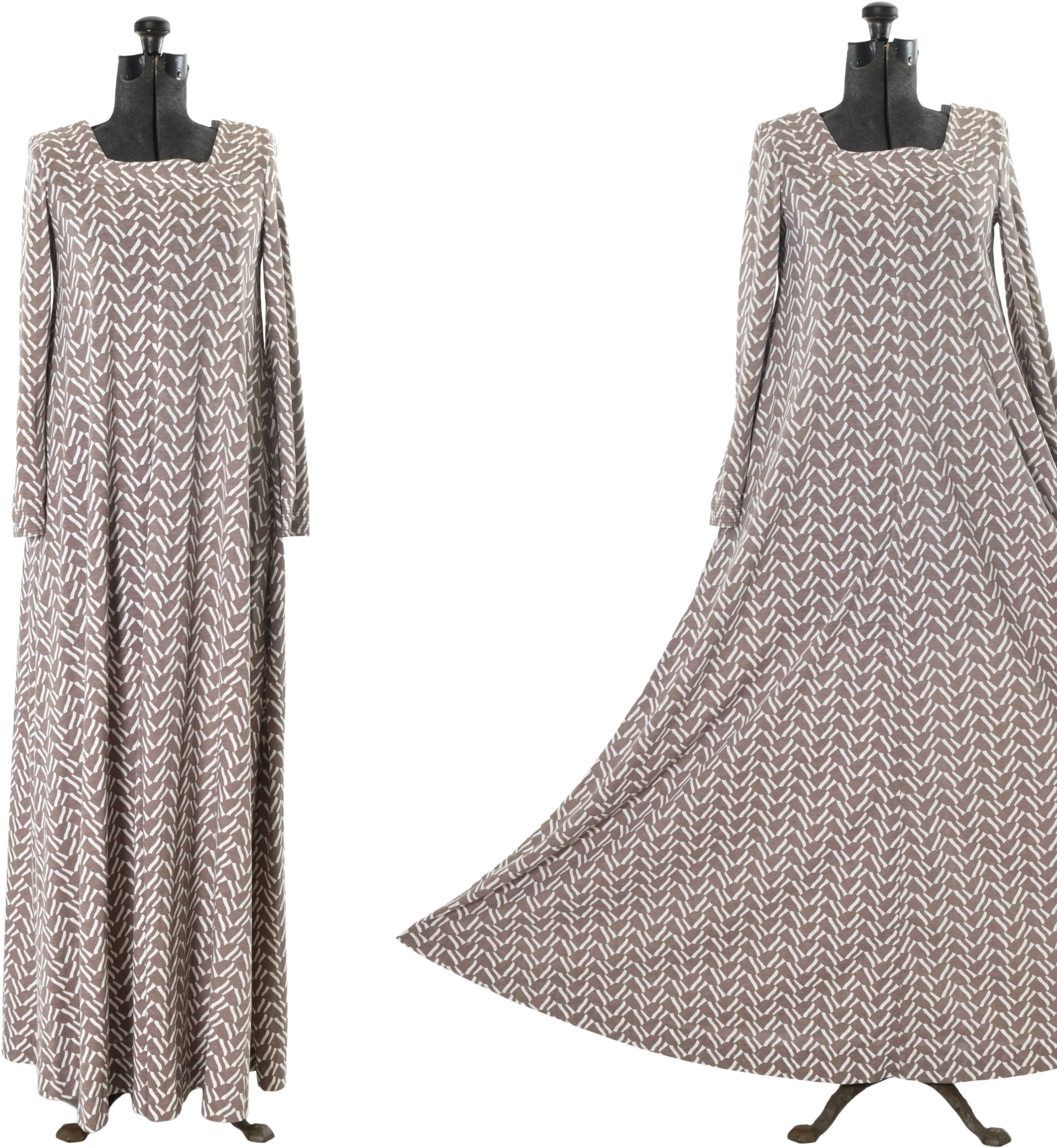 70s Taupe And White Abstract Pattern Maxi Tent Dress By Matti of Lynne Lord & Taylor - Image 2