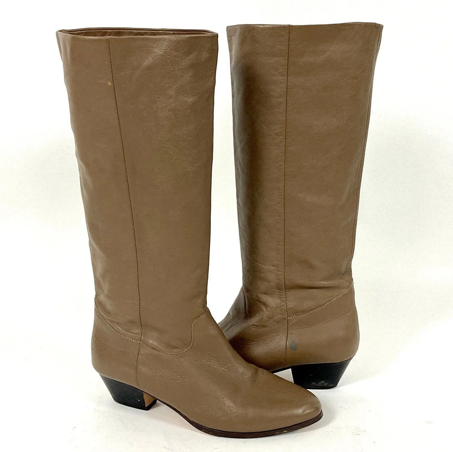 70s Taupe Tall Leather Boots Gray Cowboy Boots High Heel Riding Brown Slouch Vintage Boots by 9 West - Image 5