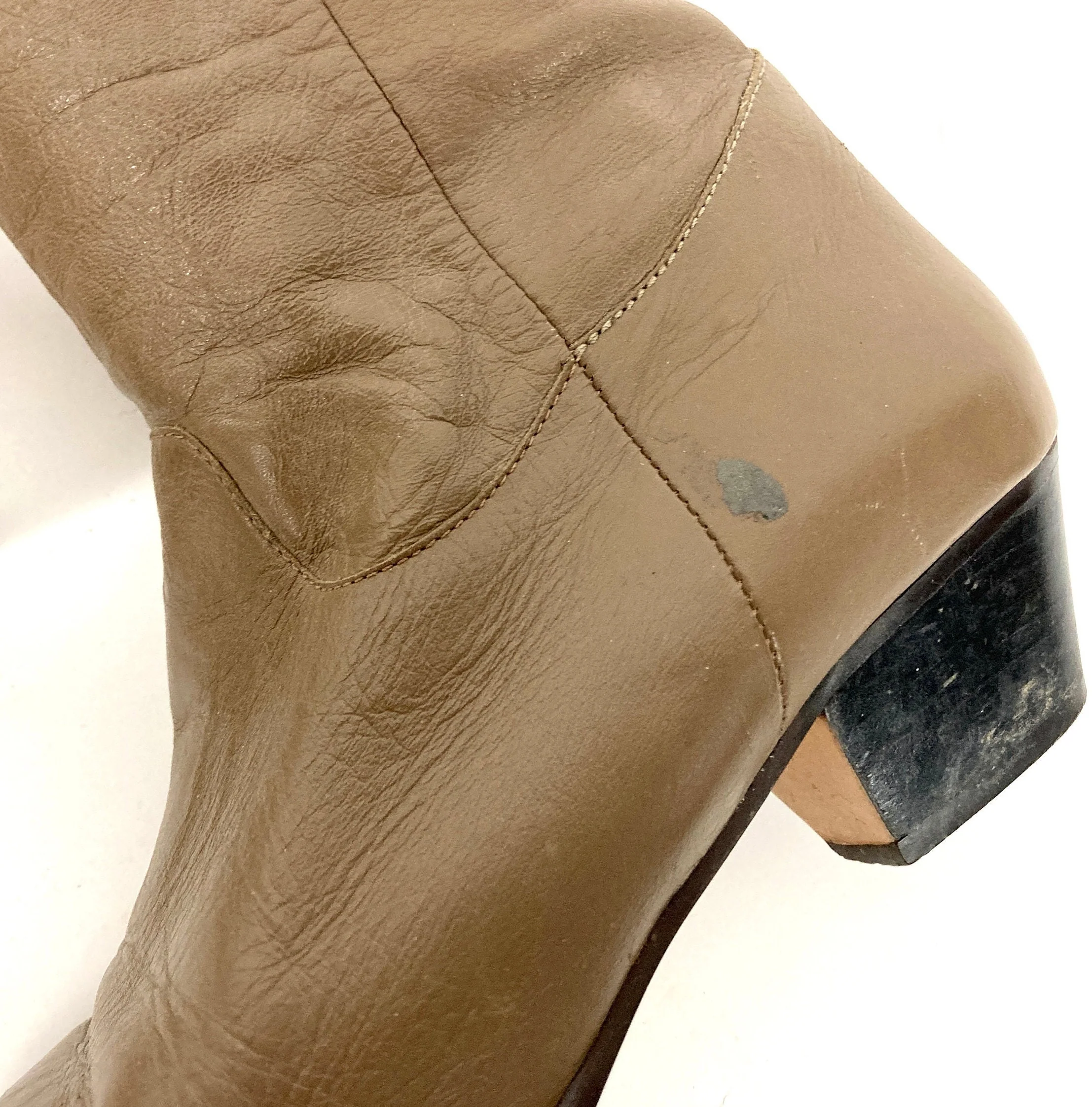 70s Taupe Tall Leather Boots Gray Cowboy Boots High Heel Riding Brown Slouch Vintage Boots by 9 West - Image 7