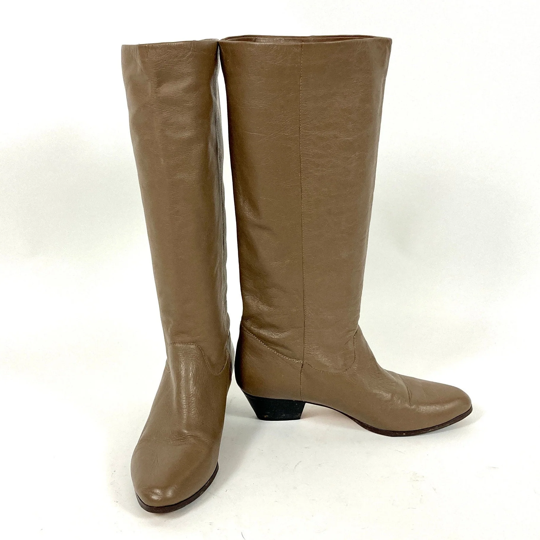 70s Taupe Tall Leather Boots Gray Cowboy Boots High Heel Riding Brown Slouch Vintage Boots by 9 West - Image 8