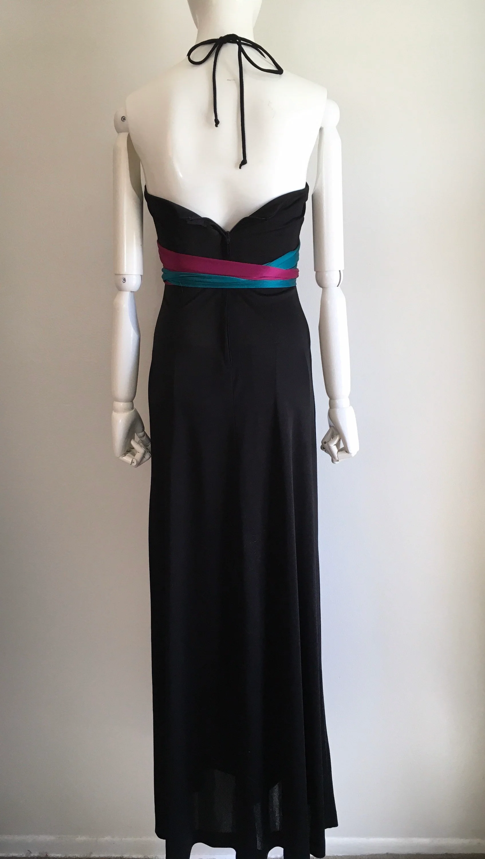 70's Teal And Fuchsia Disco Wrap Jersey Halter Dress - Image 2