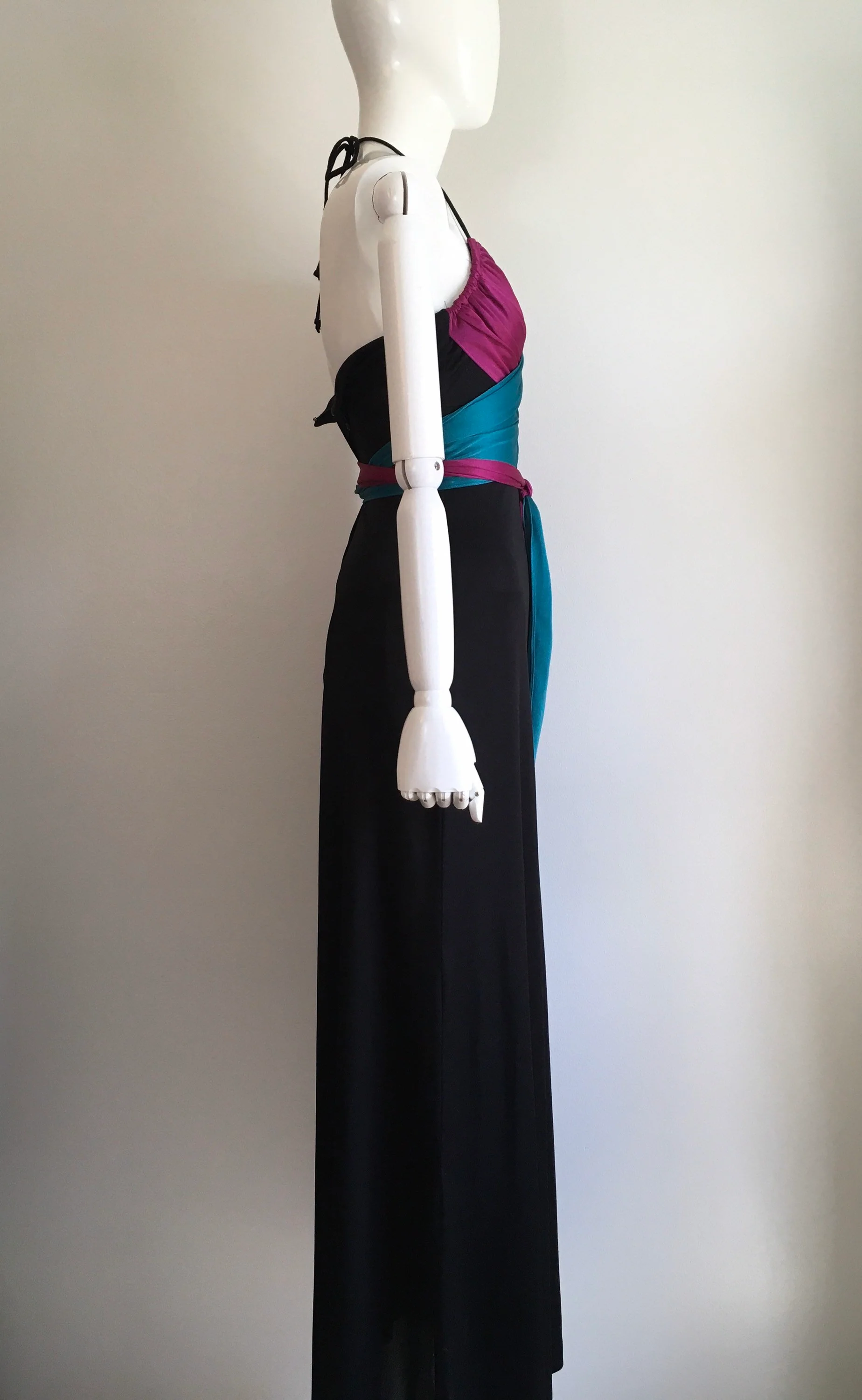 70's Teal And Fuchsia Disco Wrap Jersey Halter Dress - Image 3