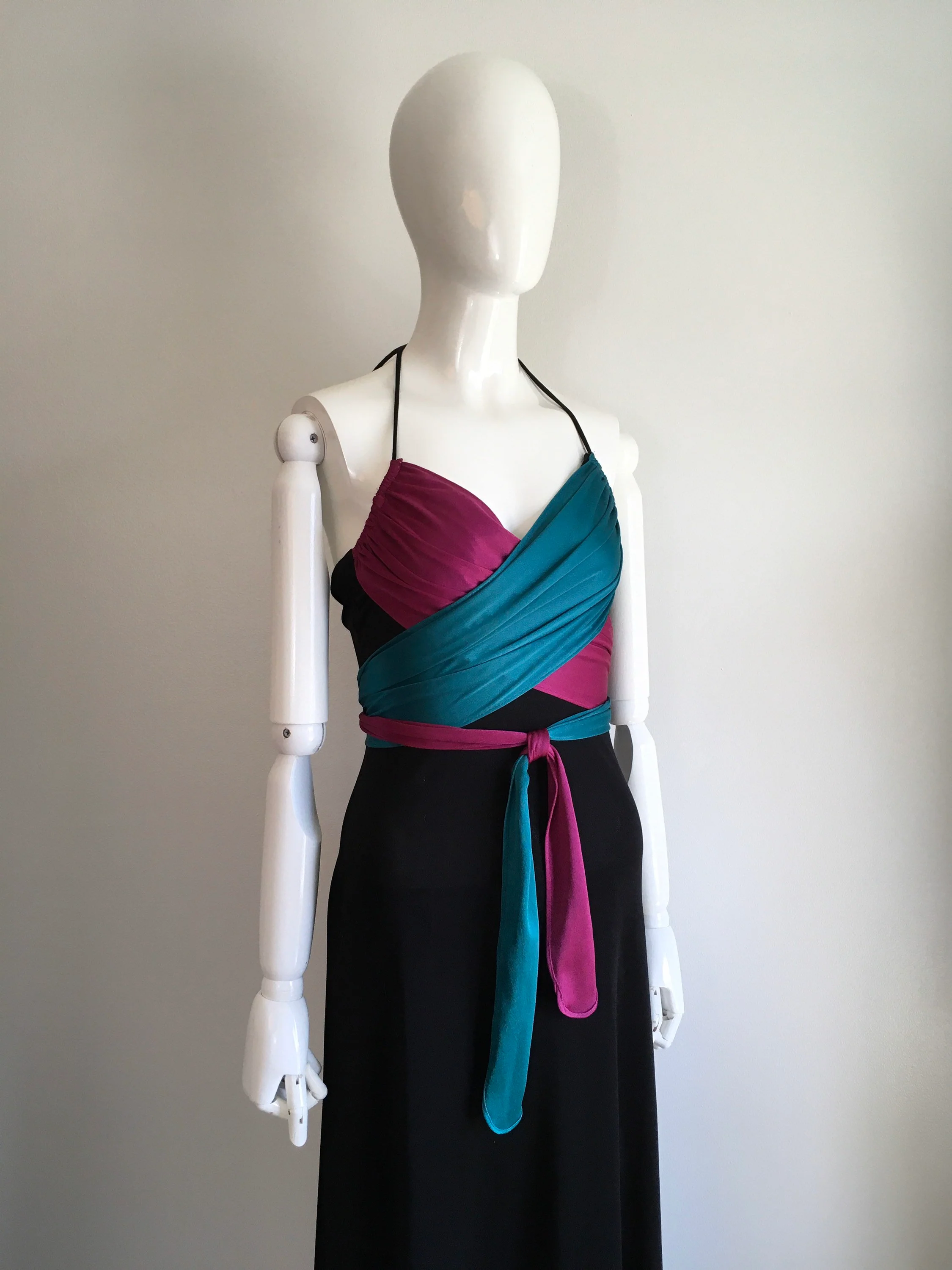 70's Teal And Fuchsia Disco Wrap Jersey Halter Dress - Image 4