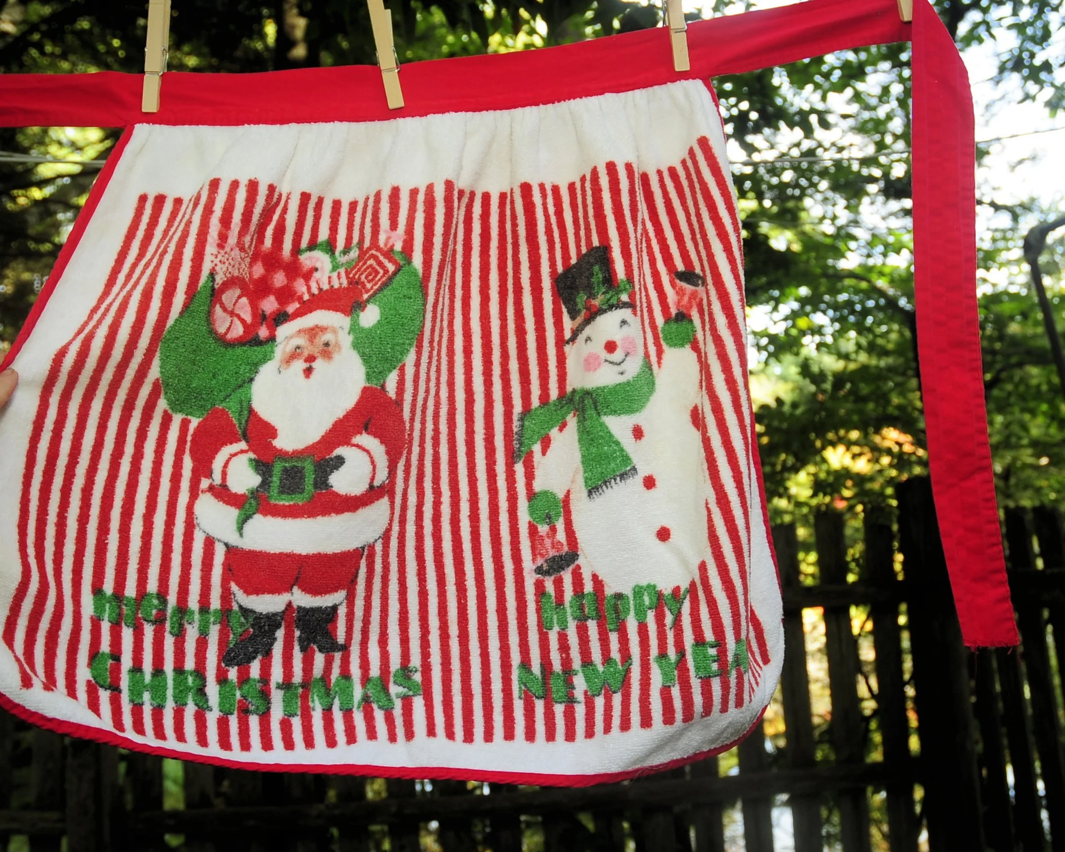 70s Terry Cloth Apron Merry Christmas Santa Snowman - Image 5