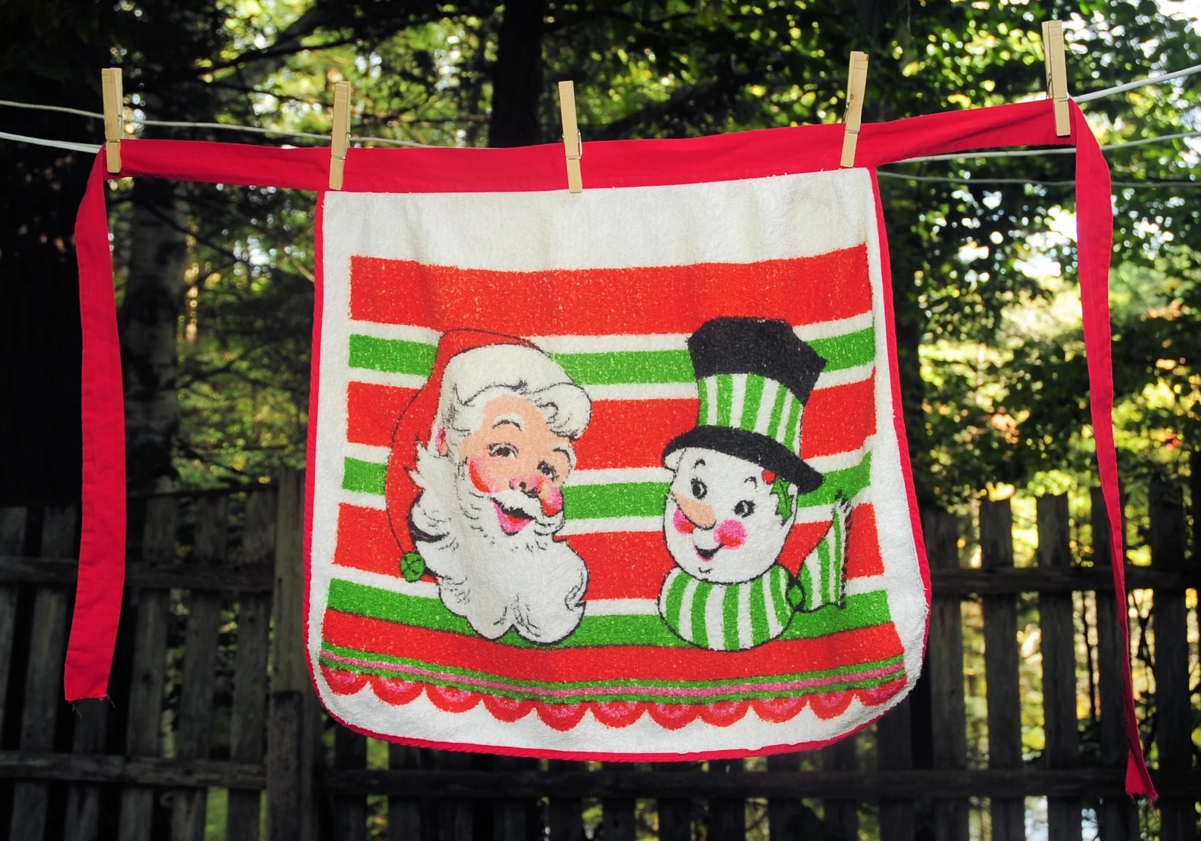 70s Terry Cloth Christmas Half Apron Santa And Snowman - Image 9