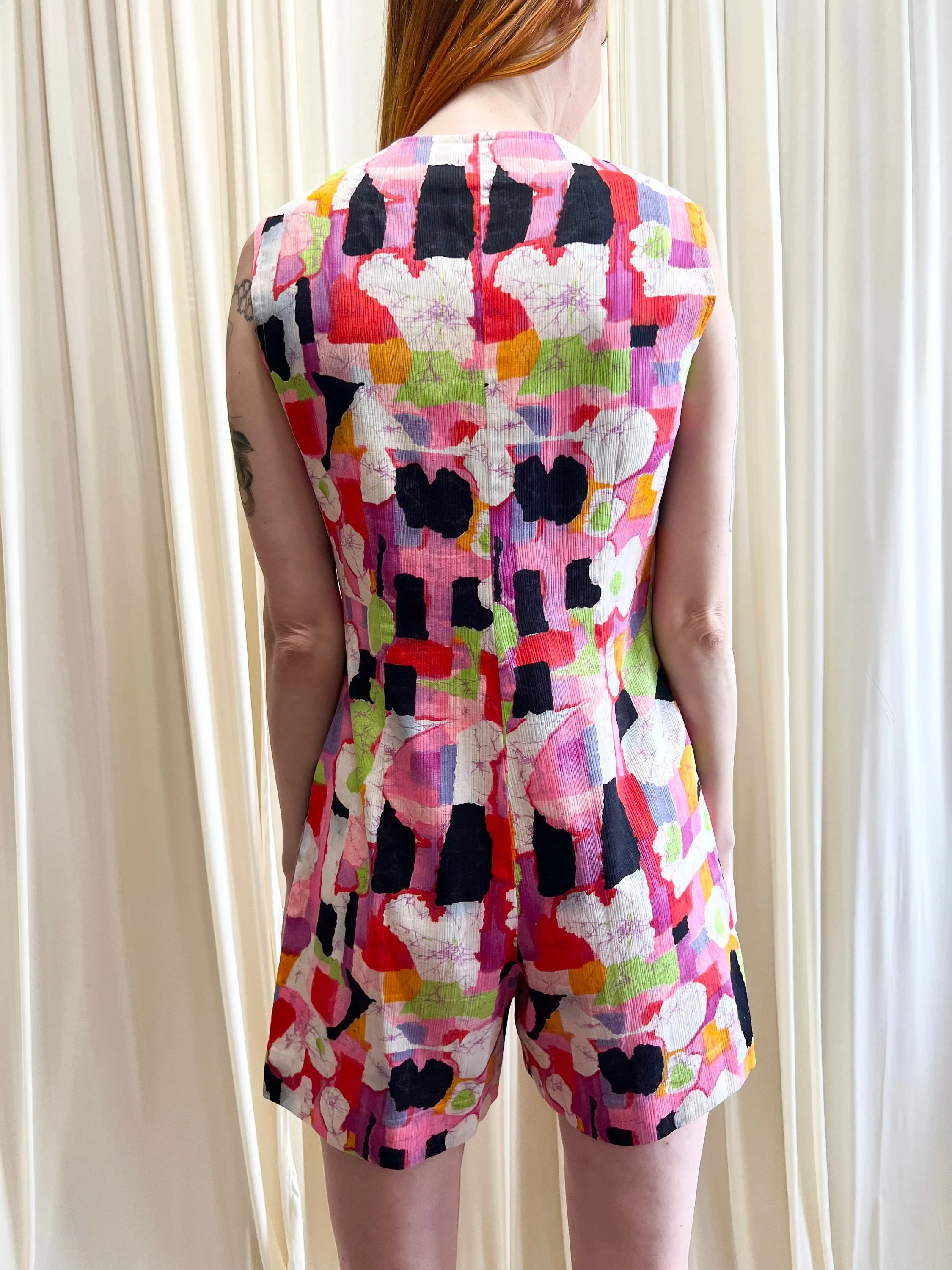 70s Textured Cotton Psychedelic Romper Green Eggs and Ham Neon Zip Front - Image 2
