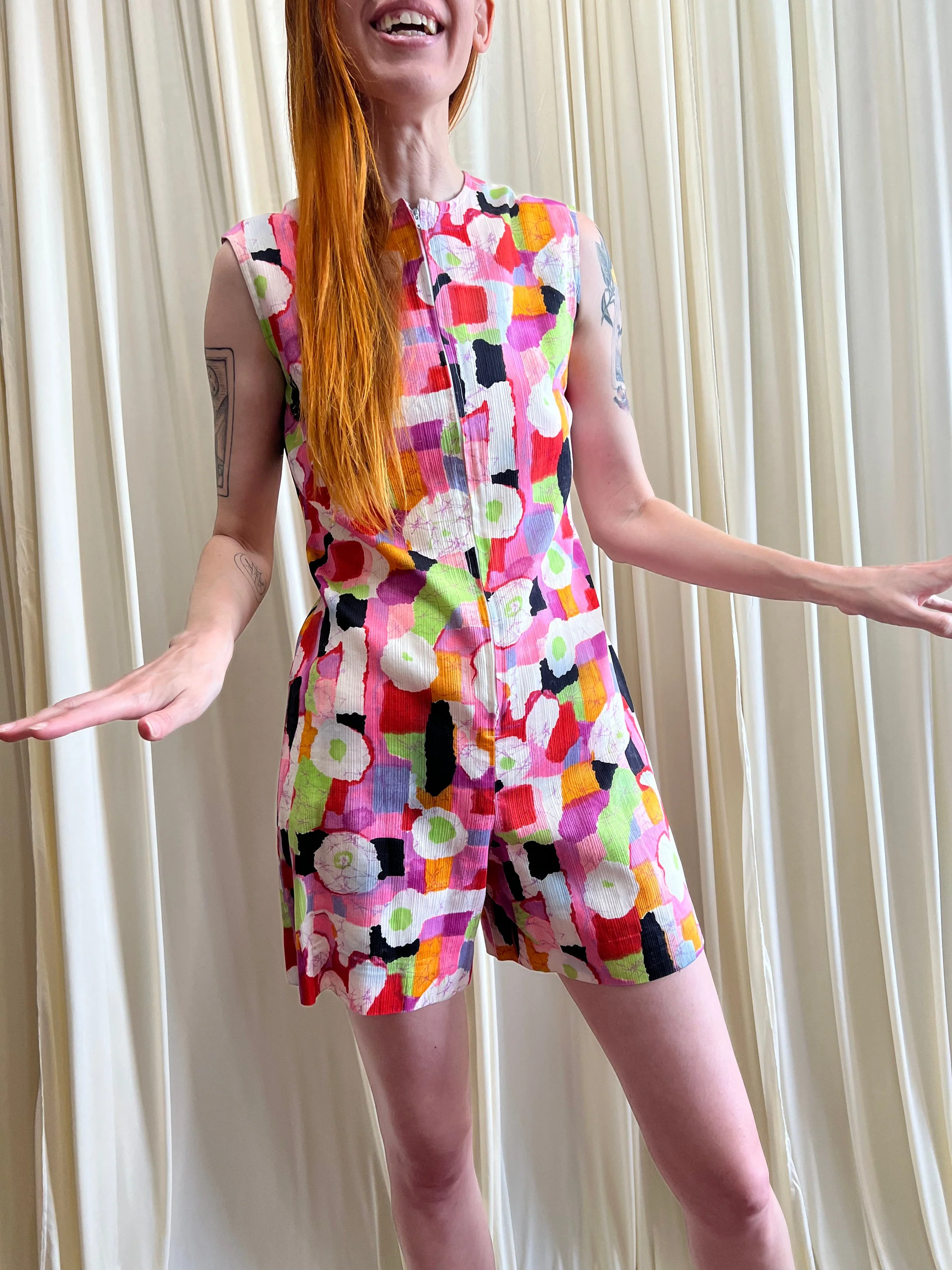 70s Textured Cotton Psychedelic Romper Green Eggs and Ham Neon Zip Front - Image 3