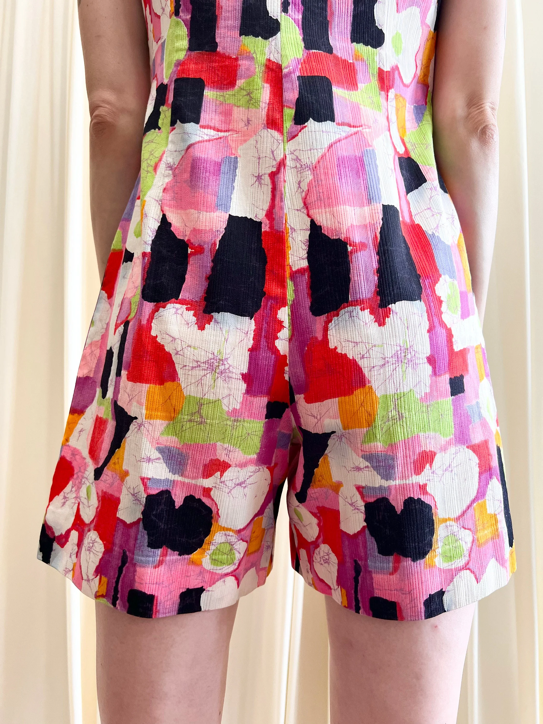 70s Textured Cotton Psychedelic Romper Green Eggs and Ham Neon Zip Front - Image 4
