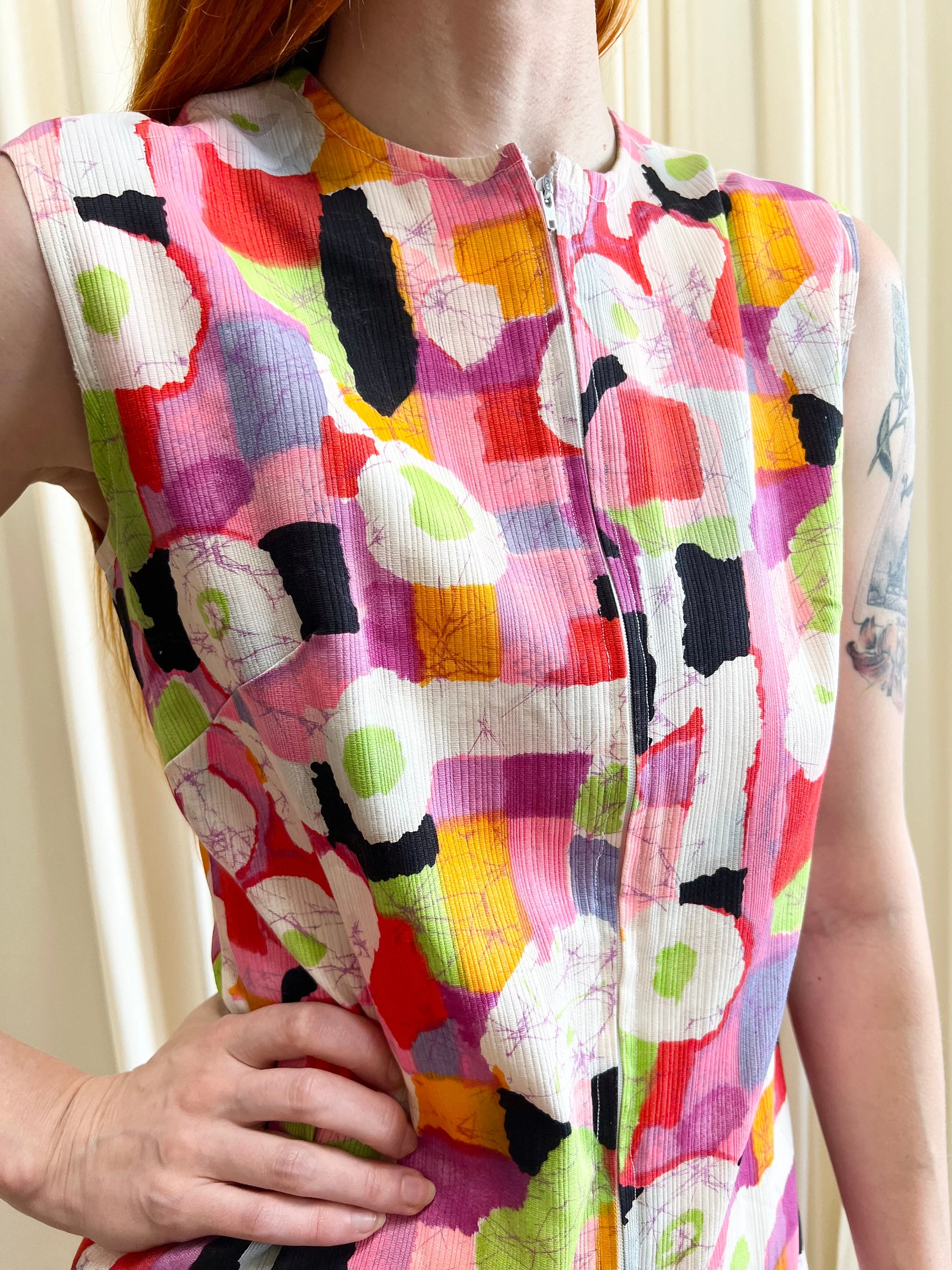 70s Textured Cotton Psychedelic Romper Green Eggs and Ham Neon Zip Front - Image 6