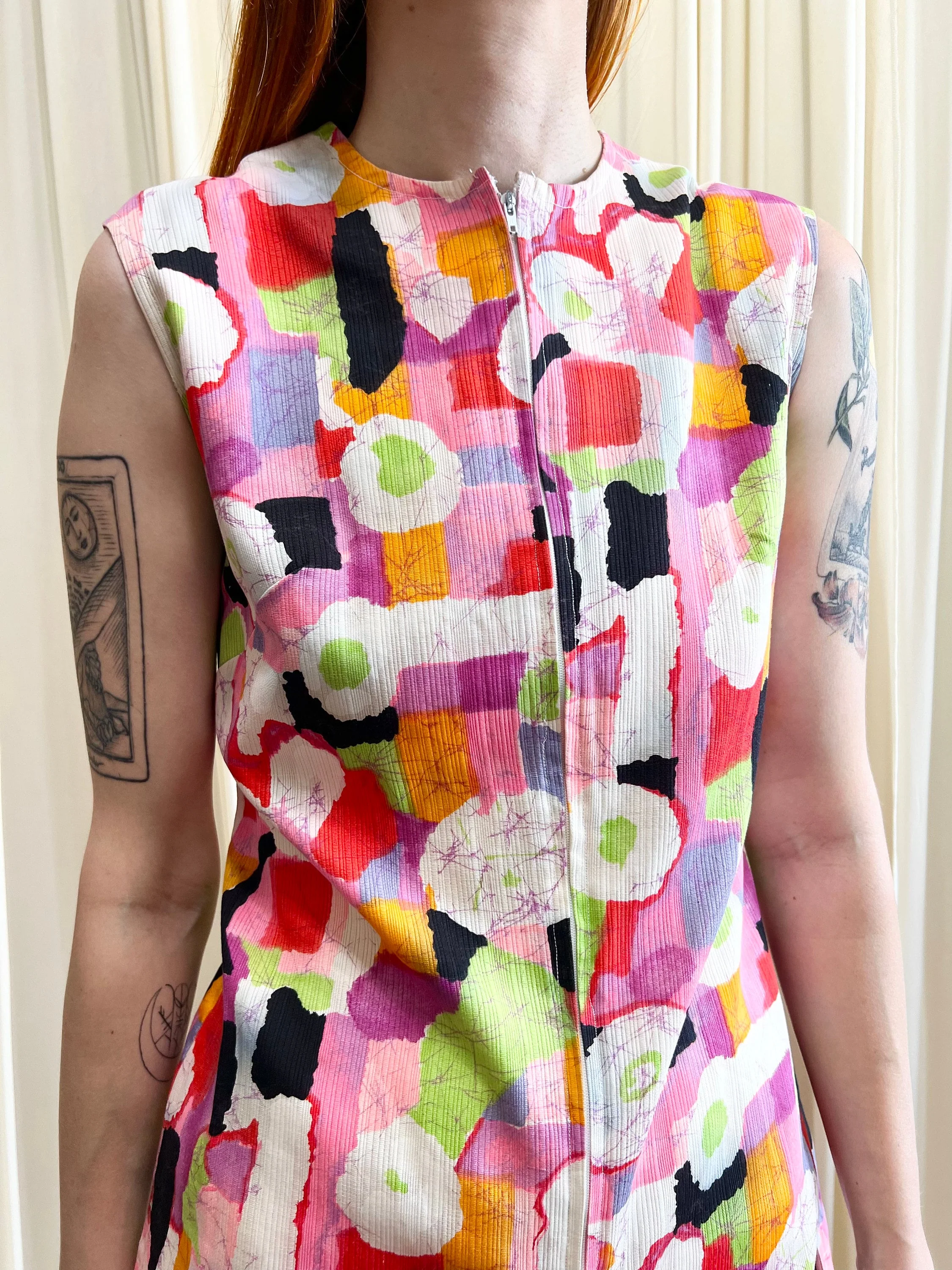 70s Textured Cotton Psychedelic Romper Green Eggs and Ham Neon Zip Front - Image 8