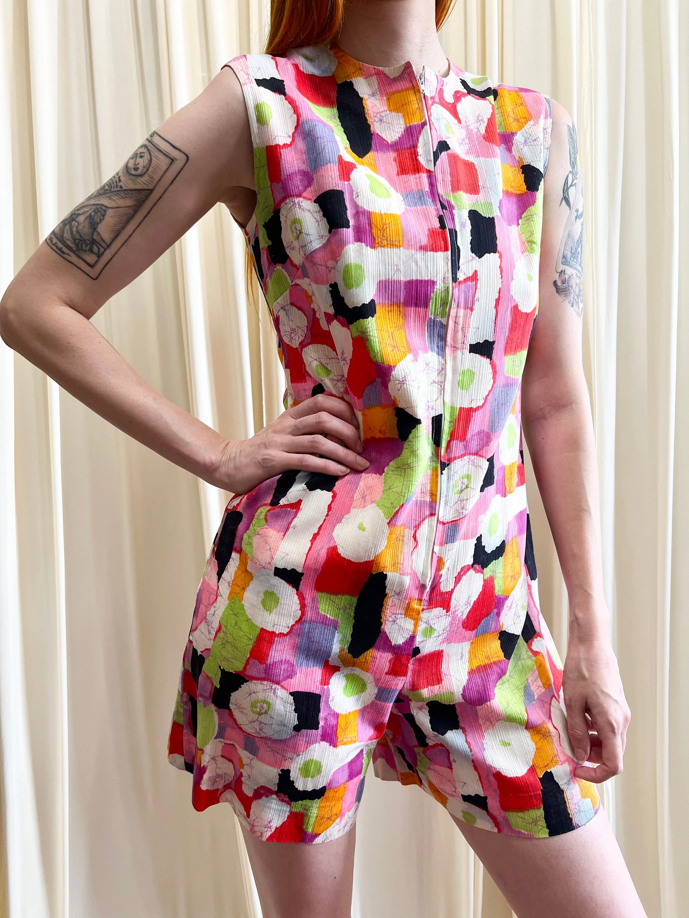 70s Textured Cotton Psychedelic Romper Green Eggs and Ham Neon Zip Front - Image 9