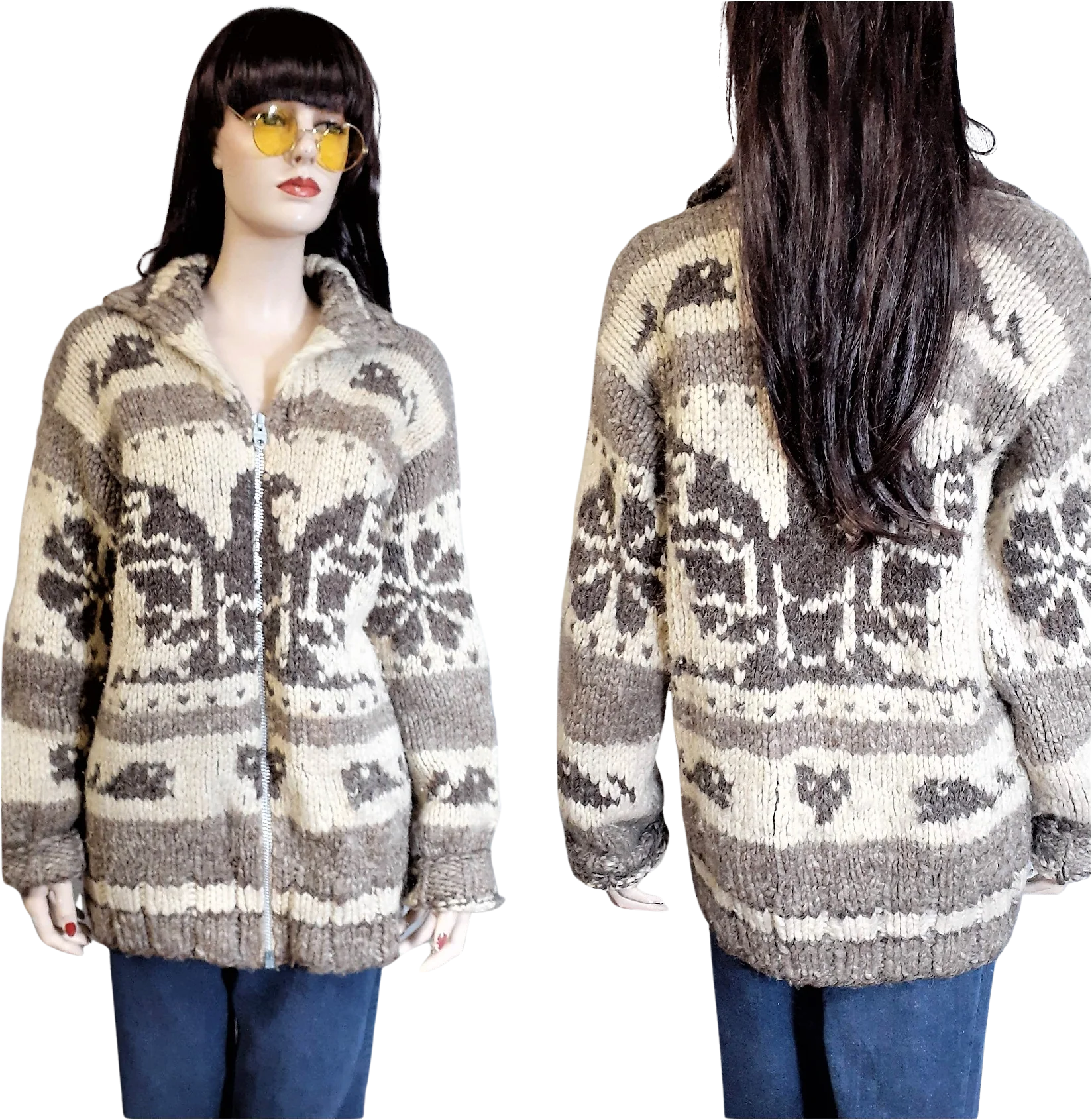 70s Thick Chunky Pure Wool Hand Knit Cowichan Sweater By Hand Knit Thuderbird Cowichan / Lebowski Sweater